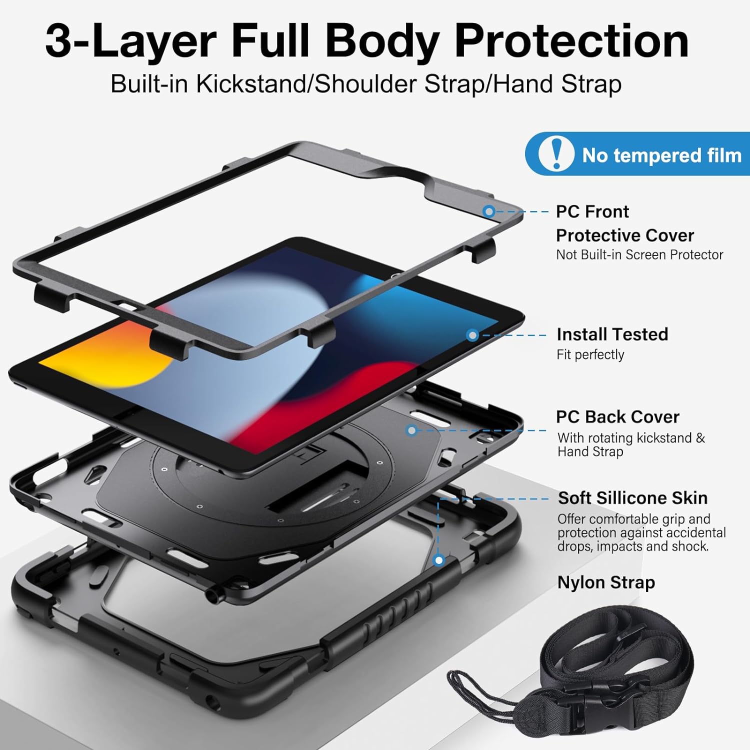 iPad 9th/8th/7th Generation iPad 10.2 Shockproof Full Body Protective Case with 360° Rotating Hand Strap &Stand-Black,Blue