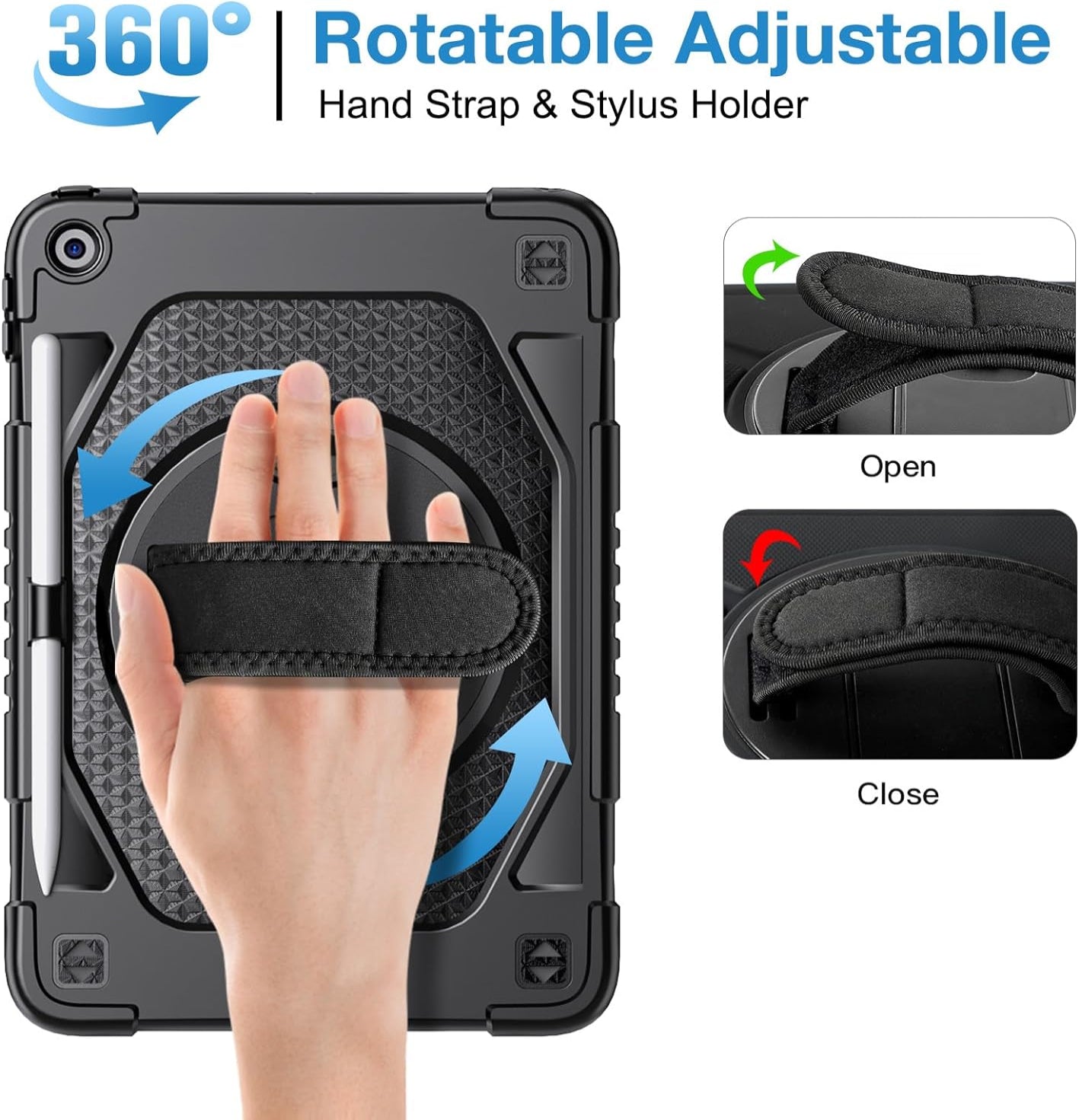 iPad 9th/8th/7th Generation iPad 10.2 Shockproof Full Body Protective Case with 360° Rotating Hand Strap &Stand-Black,Blue