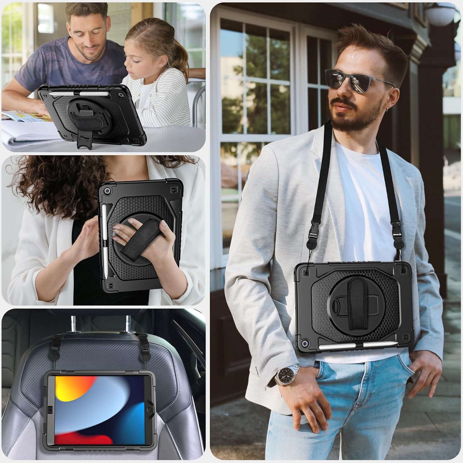 iPad 9th/8th/7th Generation iPad 10.2 Shockproof Full Body Protective Case with 360° Rotating Hand Strap &Stand-Black,Blue