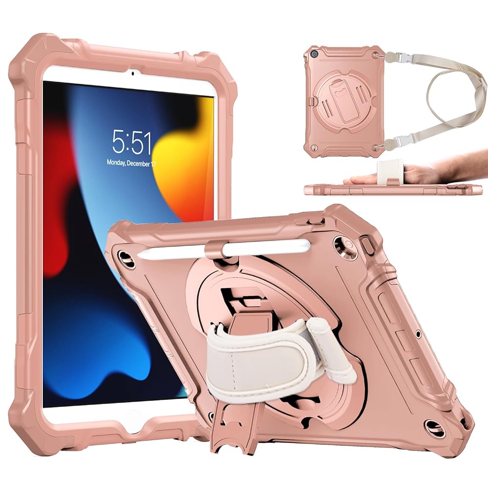 iPad 9th/ 8th/ 7th Generation 10.2 inch Shockproof Full Body Protective with 360° Rotating Hand Strap &Stand Case