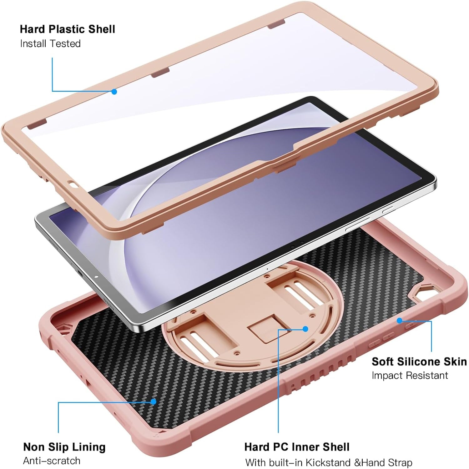 Samsung Galaxy Tab A9+ / A9 Plus 11''Shockproof Hard Duty with Screen Protector+360 Rotating Hand Strap&Stand+Shoulder Strap Case-Pink