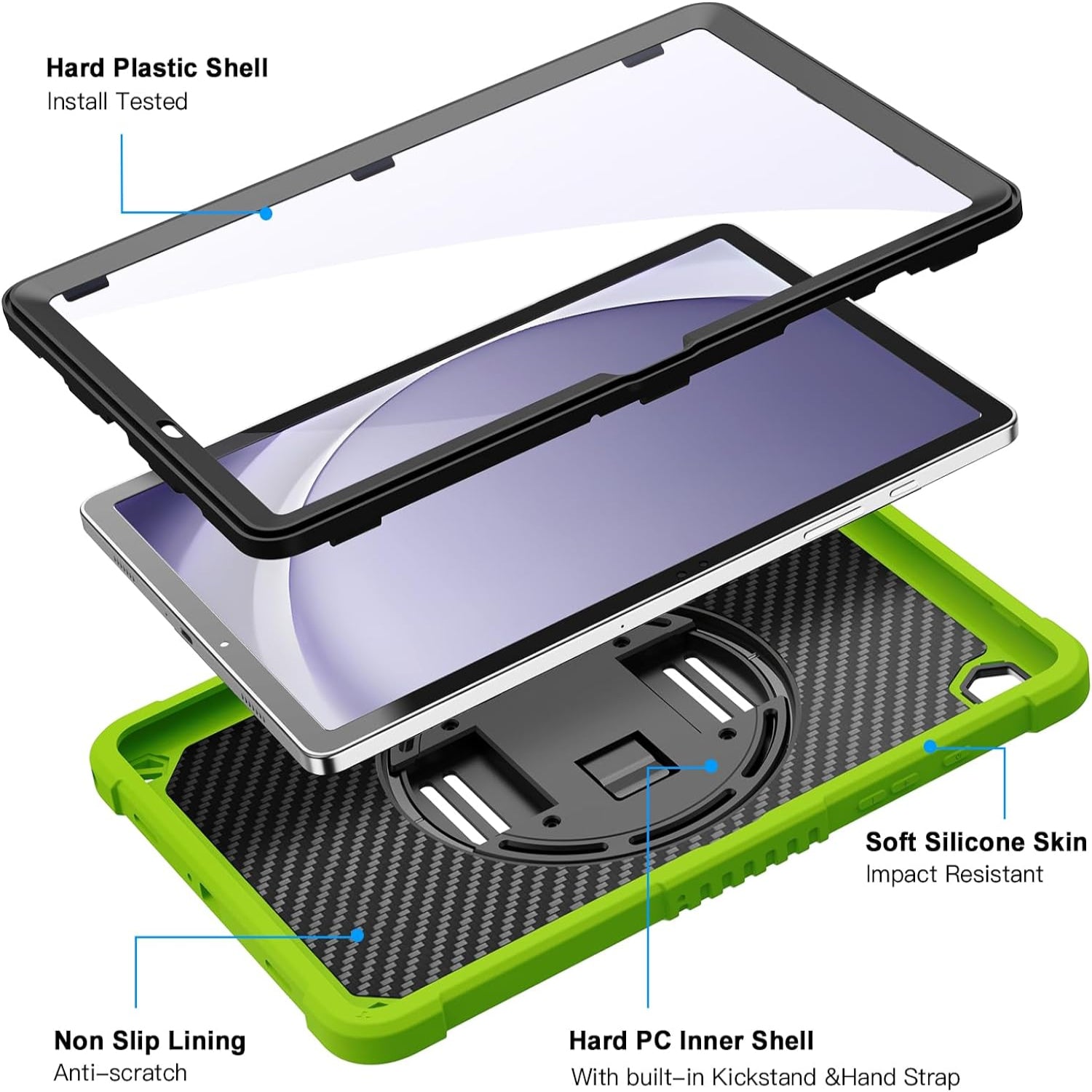 Samsung Galaxy Tab A9+ / A9 Plus 11''Shockproof Hard Duty with Screen Protector+360 Rotating Hand Strap&Stand+Shoulder Strap Case-Green
