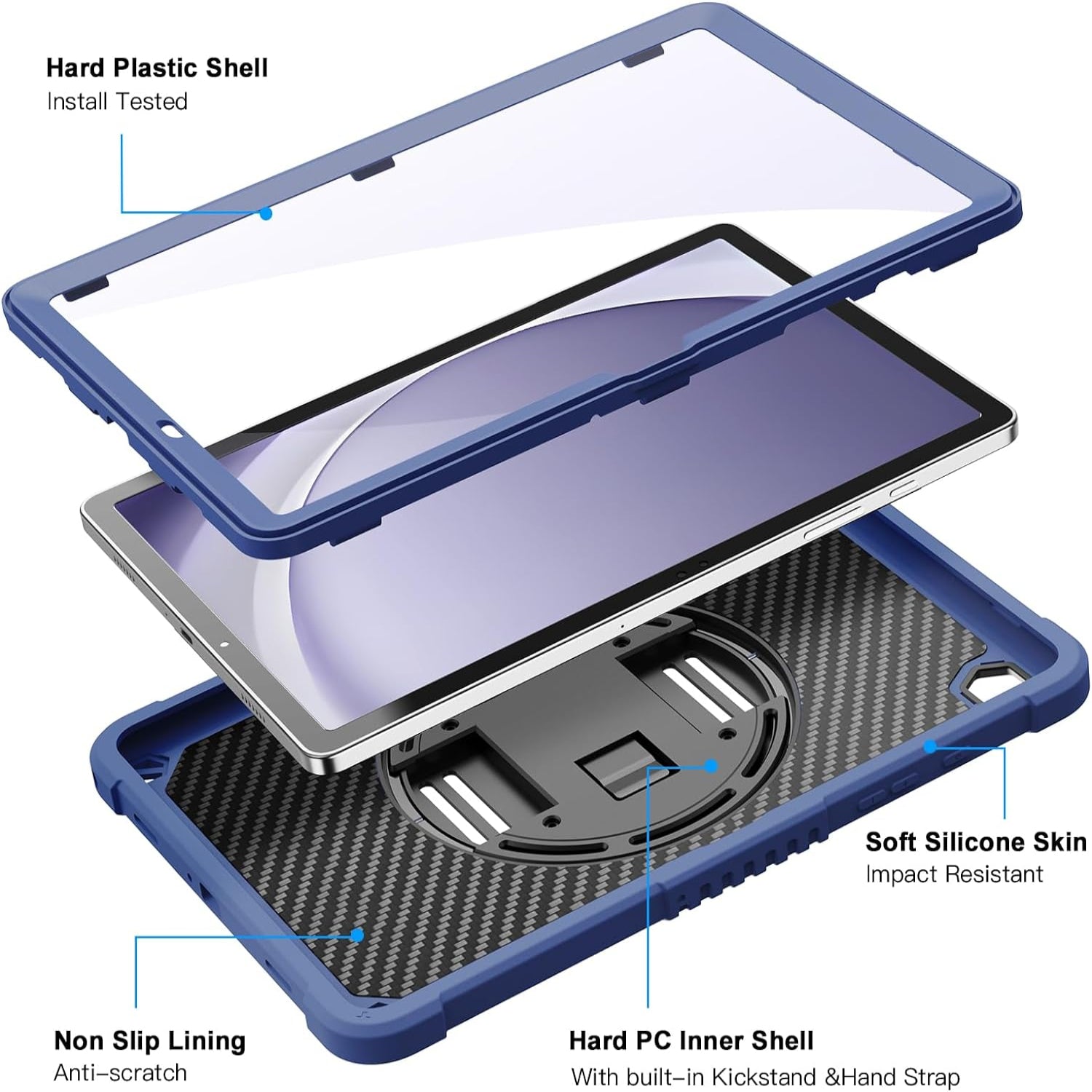 Samsung Galaxy Tab A9+ / A9 Plus 11''Shockproof Hard Duty with Screen Protector+360 Rotating Hand Strap&Stand+Shoulder Strap Case-Blue