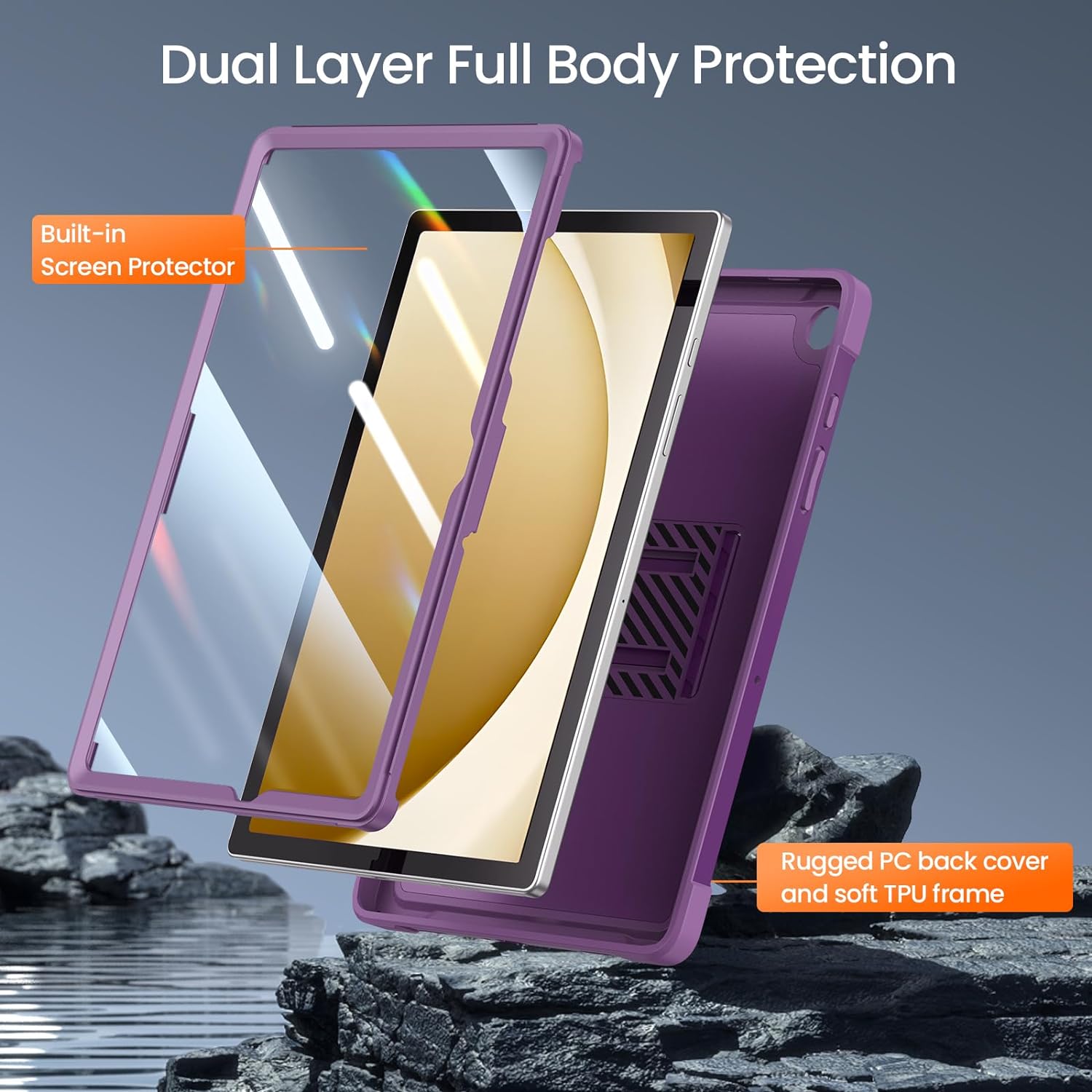 Samsung Galaxy Tab A9 Plus 11 Inch Built-in Screen Protector/Kickstand/Full-Body Dual Layer Shockproof Protective Cover Case-Purple