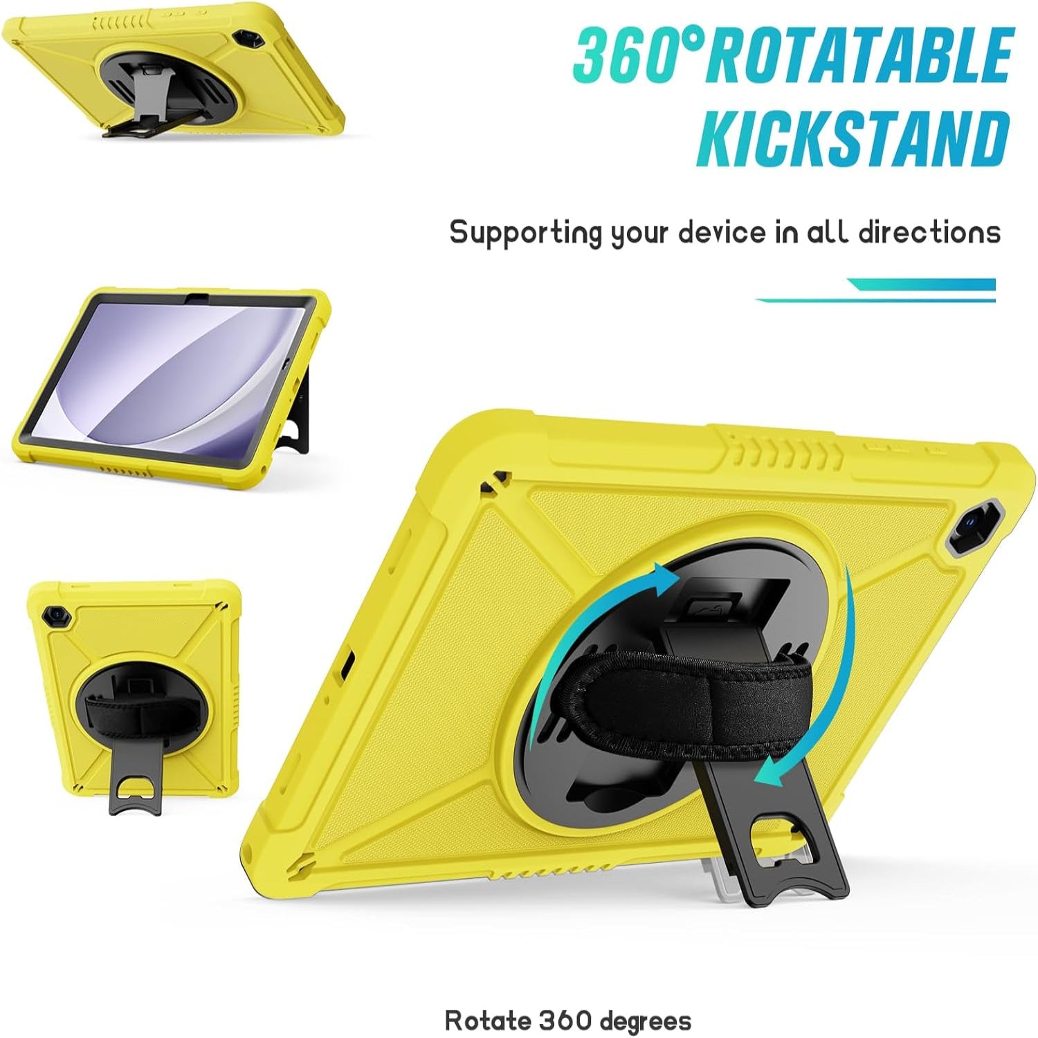 Samsung Galaxy Tab A9+ / A9 Plus 11''Shockproof Hard Duty with Screen Protector+360 Rotating Hand Strap Stand+Shoulder Strap Case-Yellow