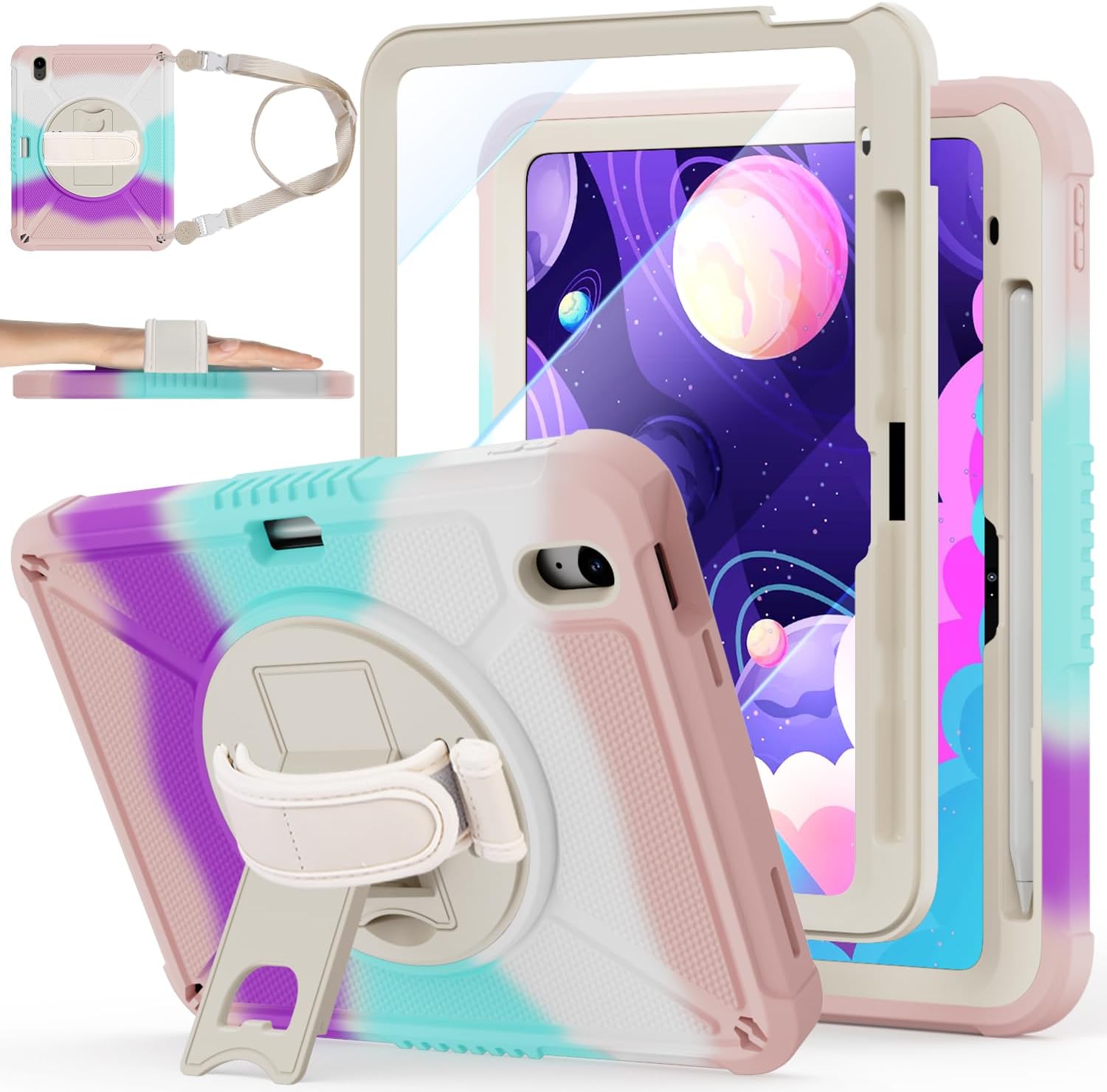 iPad (A16) 11th Generation 11 Inch 2025 iPad 10th Generation 10.9 inch 2022 with Screen Protector & 360° Rotate Hand Strap/Stand Heavy Duty Case for iPad 11th 2025(A3354/A3355)