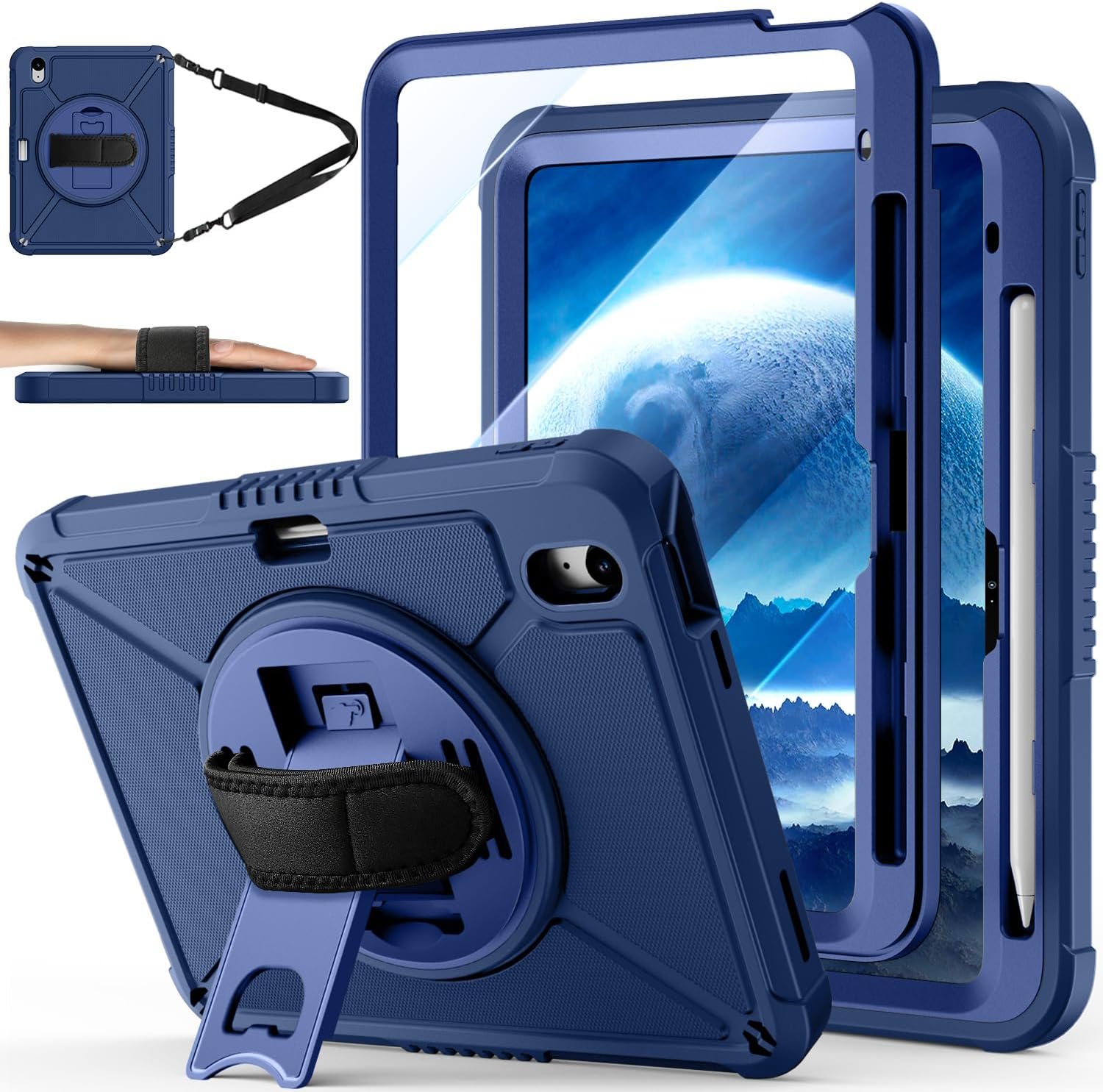 iPad (A16) 11th Generation 11 Inch 2025 iPad 10th Generation 10.9 inch 2022 with Screen Protector & 360° Rotate Hand Strap/Stand Heavy Duty Case for iPad 11th 2025(A3354/A3355)