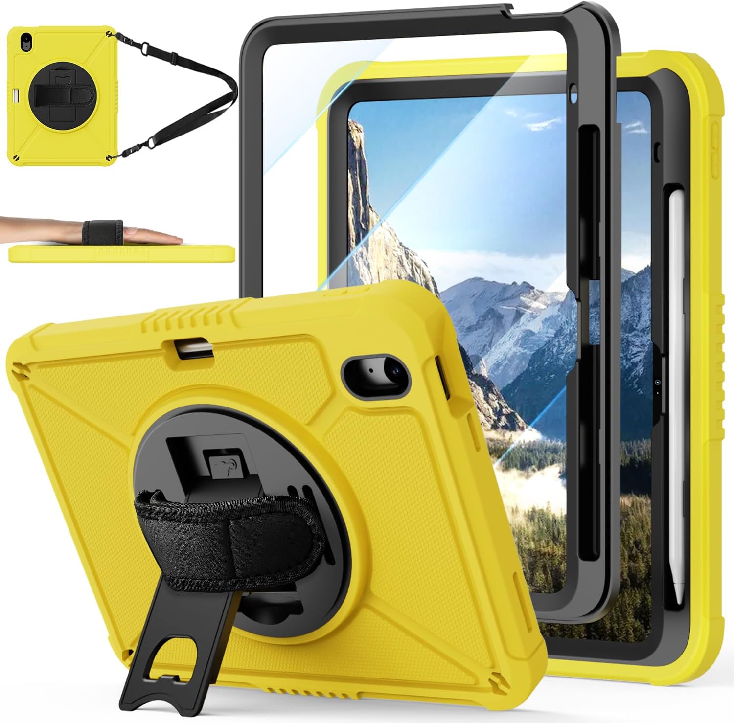 iPad (A16) 11th Generation 11 Inch 2025 iPad 10th Generation 10.9 inch 2022 with Screen Protector & 360° Rotate Hand Strap/Stand Heavy Duty Case for iPad 11th 2025(A3354/A3355)