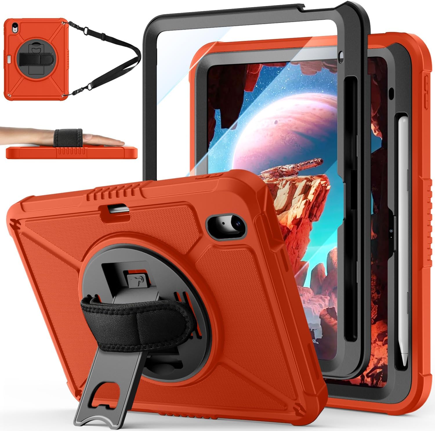 iPad (A16) 11th Generation 11 Inch 2025 iPad 10th Generation 10.9 inch 2022 with Screen Protector & 360° Rotate Hand Strap/Stand Heavy Duty Case for iPad 11th 2025(A3354/A3355)