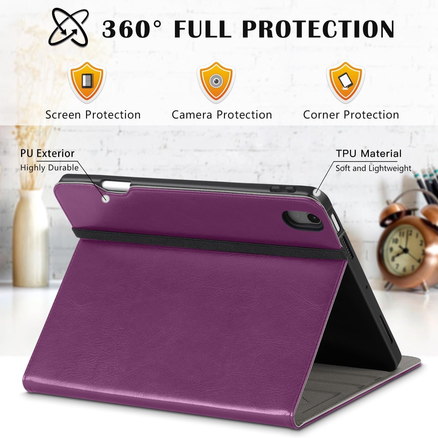 iPad Air 11 Inch M2(2024), iPad Air 5th Generation (2022)/ 4th Generation (2020) 10.9 Inch Leather Folio Case-Purple