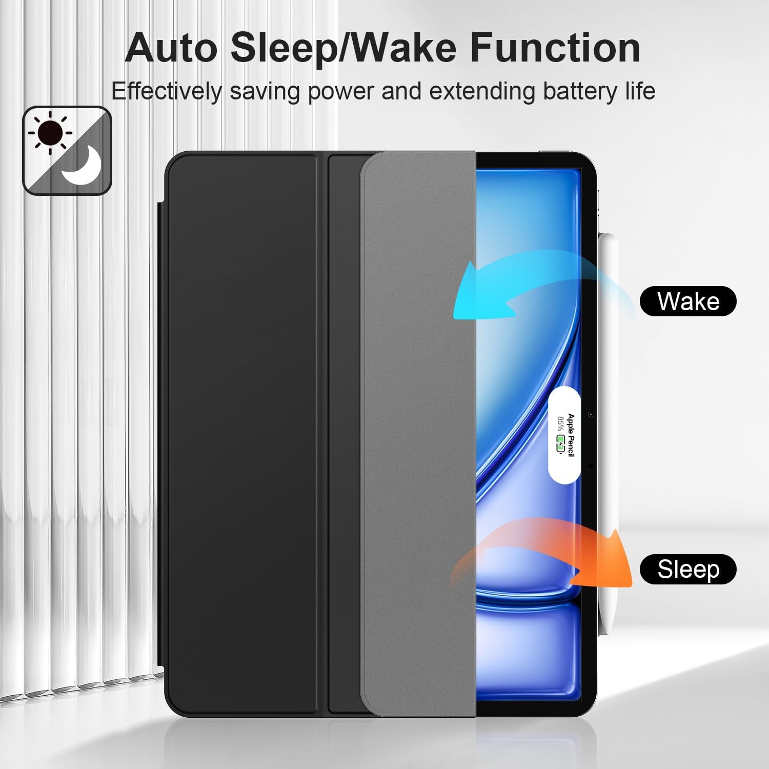 iPad Air 11 Inch 2024 with Folding Stand and Auto Sleep/Wake Function Protective Case-Black