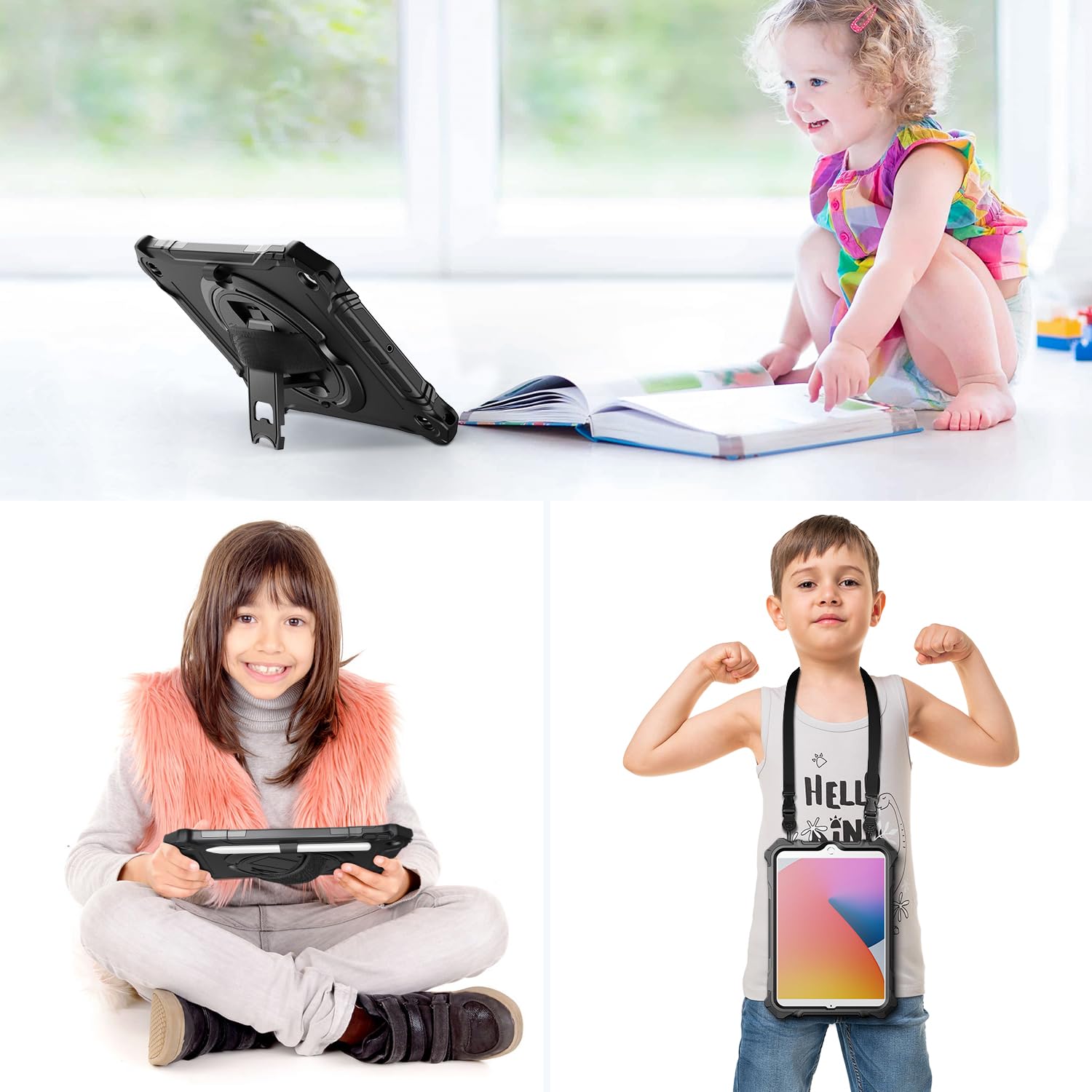 iPad 9th/ 8th/ 7th Generation 10.2 inch Shockproof Full Body Protective Case with 360° Rotating Hand Strap & Stand-Black