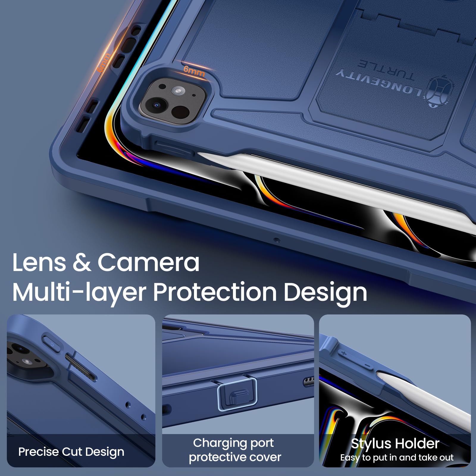 iPad Pro 13 Inch Case M4 2024 7th Gen/Pro 12.9 Inch 6th/5th/4th Generation 2022/2021/2020 Full Body Protective Case-NavyBlue