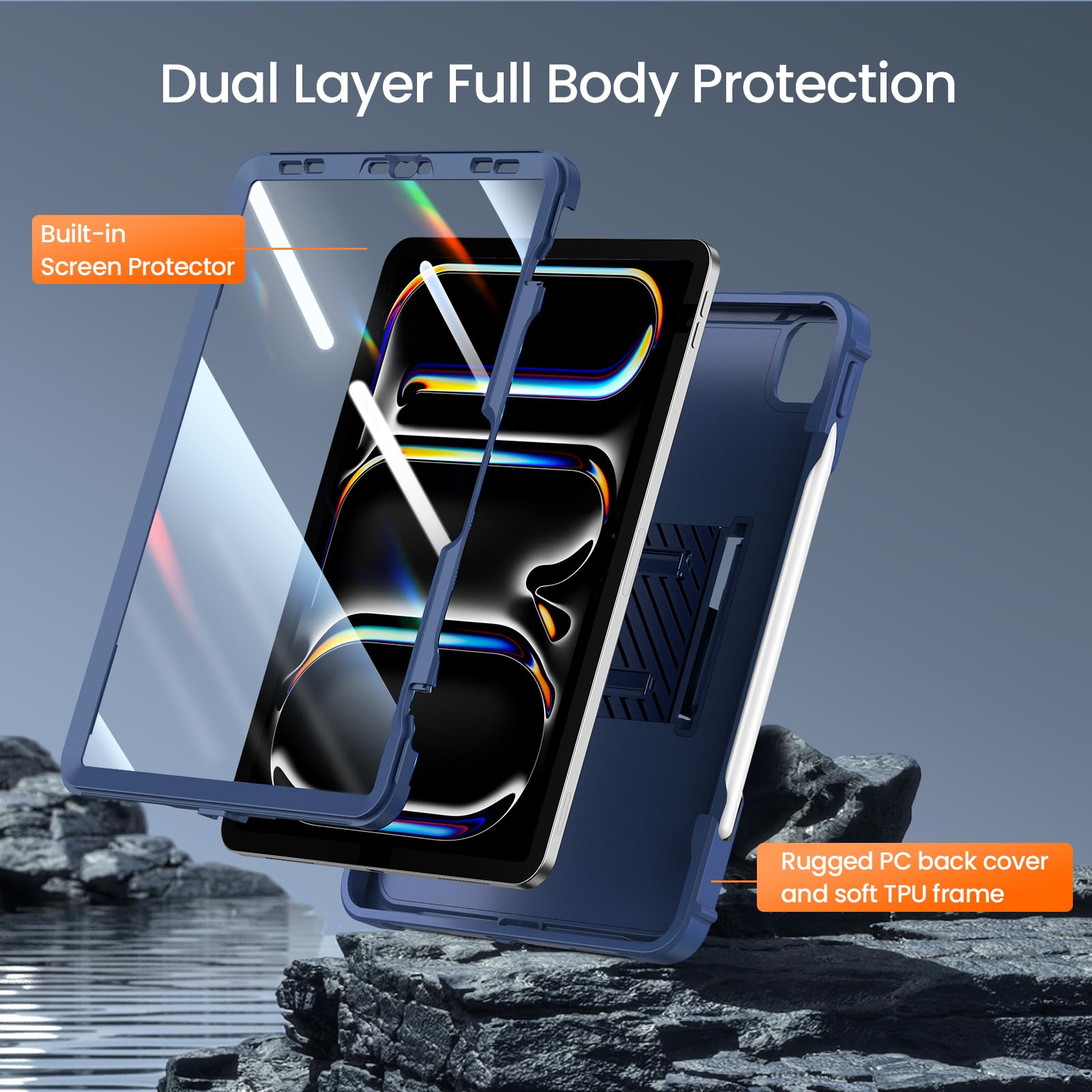 iPad Pro 13 Inch Case M4 2024 7th Gen/Pro 12.9 Inch 6th/5th/4th Generation 2022/2021/2020 Full Body Protective Case-NavyBlue