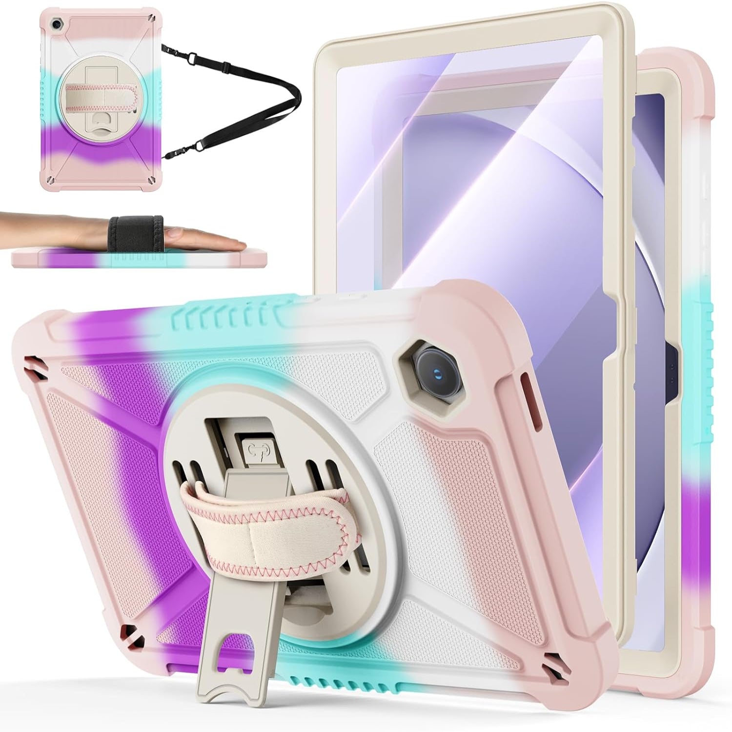 Samsung Galaxy Tab A9+ / A9 Plus 11 inch Shockproof Hard Duty with Screen Protector+360 Rotating Hand Strap&Stand+Shoulder Strap Case-Colorful