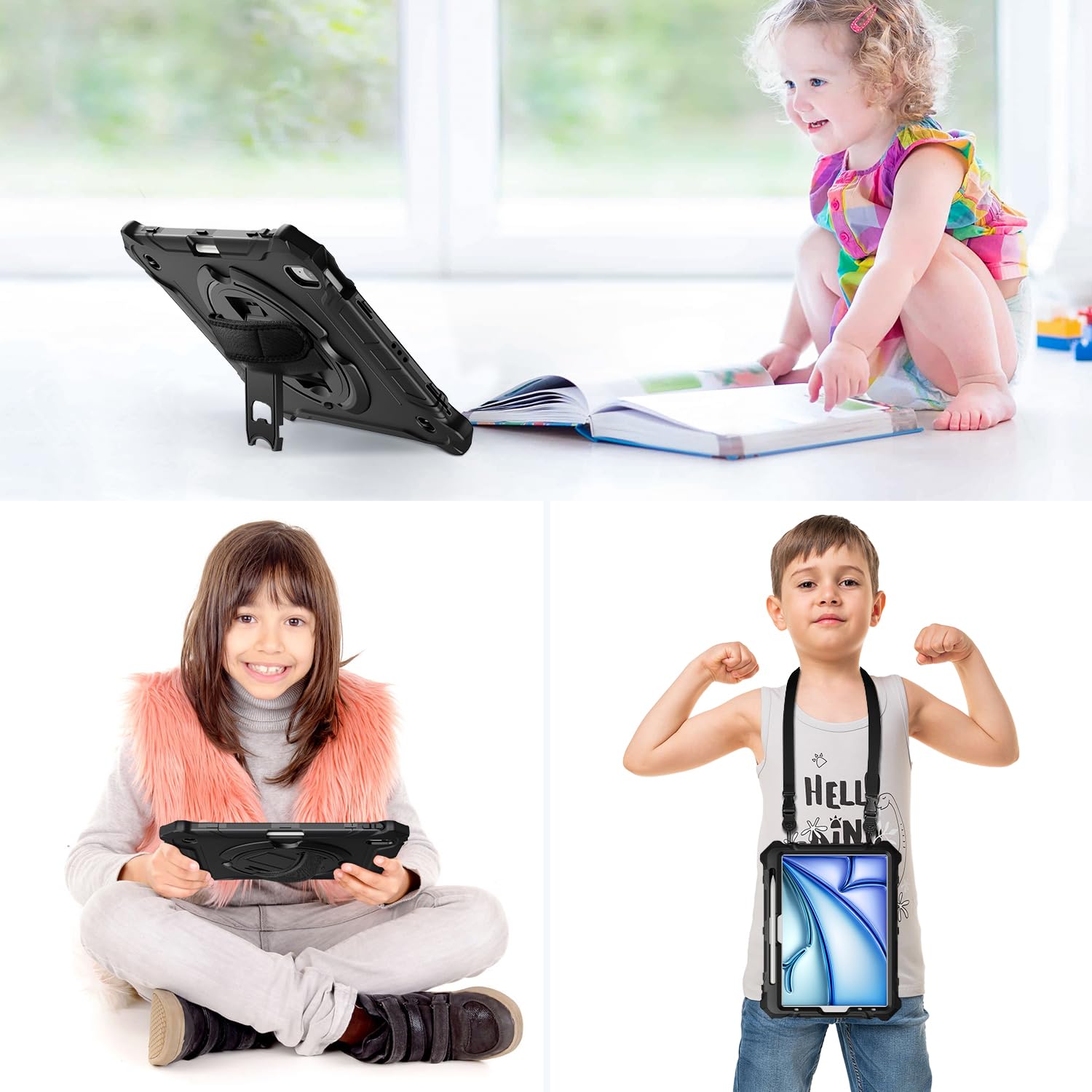 iPad Air 11 Inch 2024(M2), iPad Air 6th/5th/4th Generation 10.9 Inch Shockproof Case with 360° Rotating Stand Hand/Shoulder Strap-Black