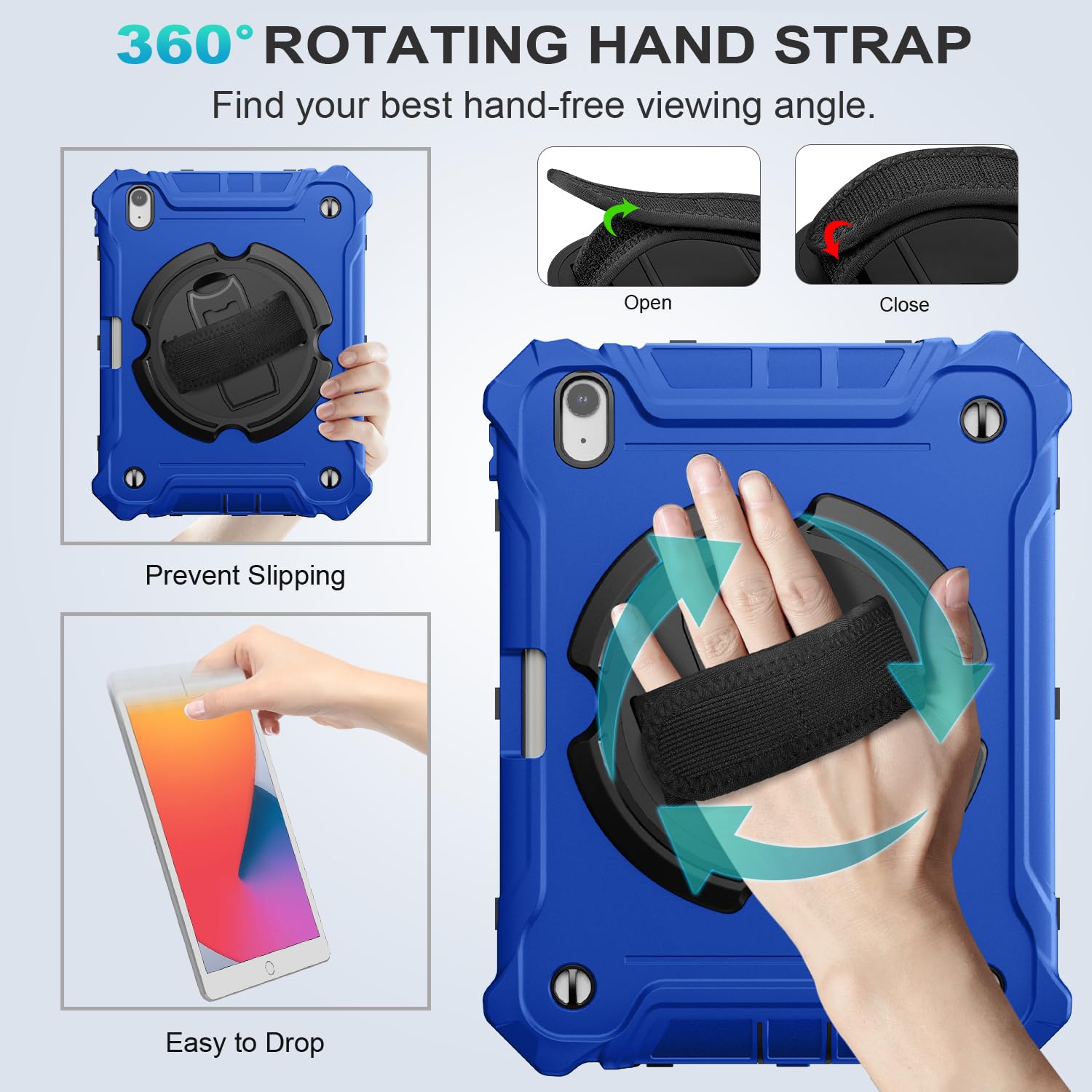 iPad Air 11 Inch Case 2024(M2), iPad Air 6th/5th/4th Generation 10.9 Inch Shockproof Case with 360° Rotating Stand Hand/Shoulder Strap-Blue