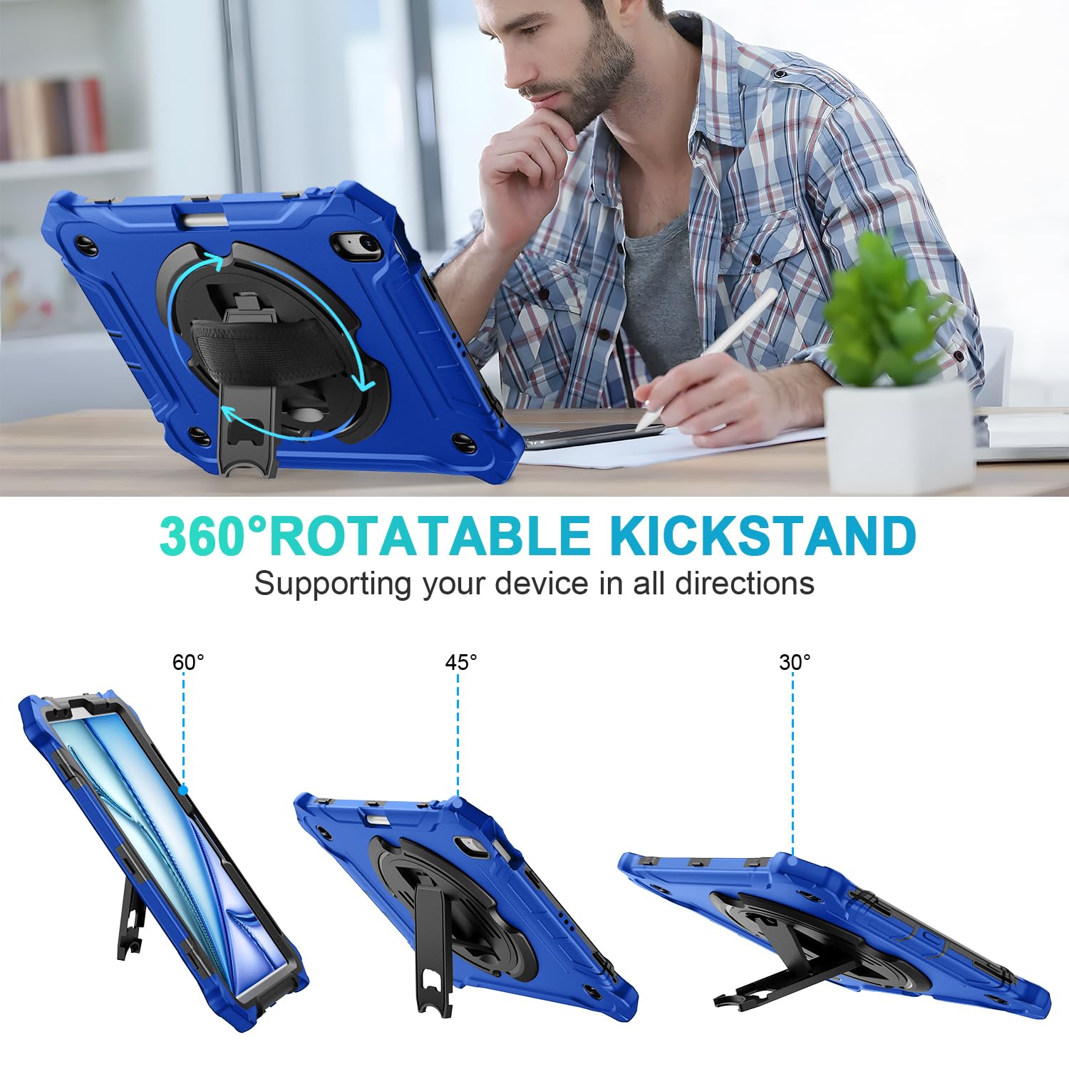 iPad Air 11 Inch Case 2024(M2), iPad Air 6th/5th/4th Generation 10.9 Inch Shockproof Case with 360° Rotating Stand Hand/Shoulder Strap-Blue
