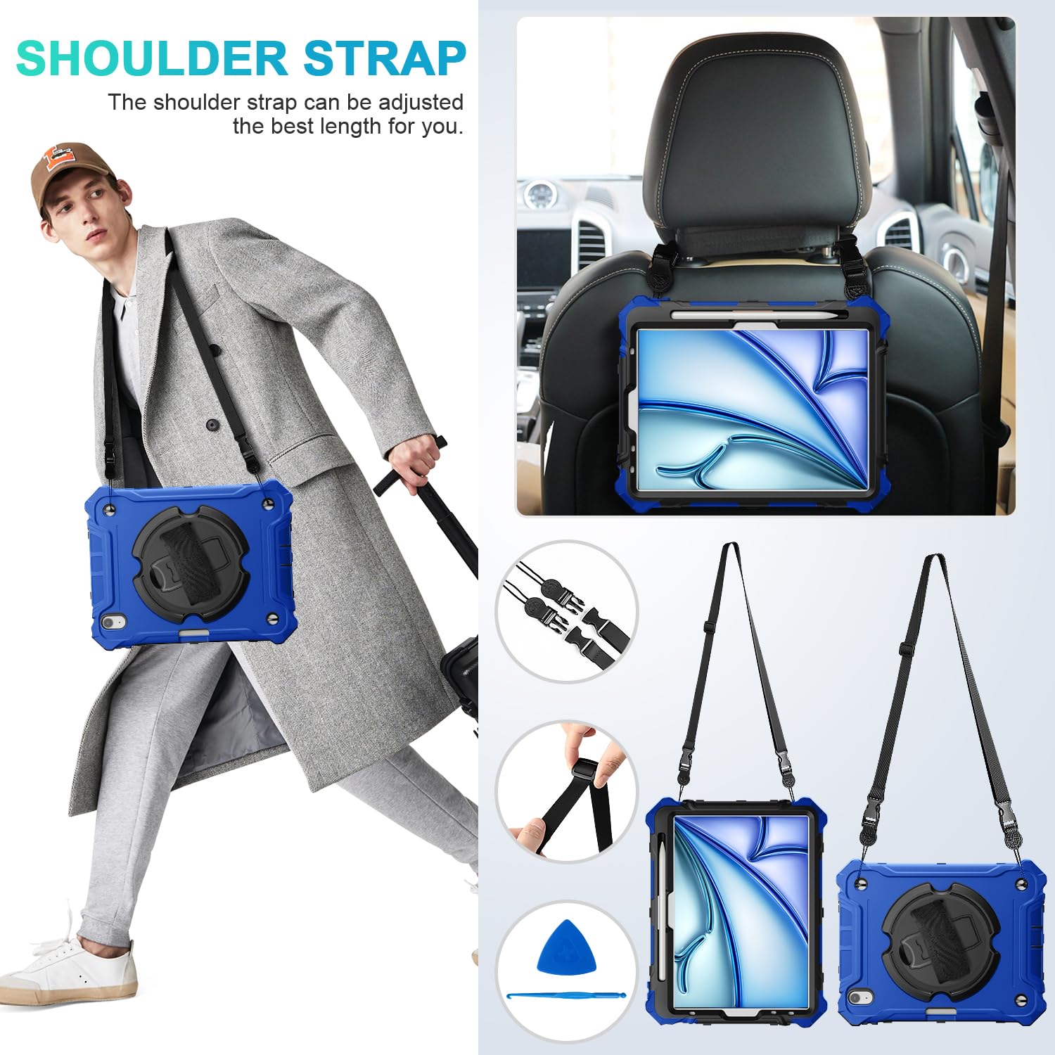 iPad Air 11 Inch Case 2024(M2), iPad Air 6th/5th/4th Generation 10.9 Inch Shockproof Case with 360° Rotating Stand Hand/Shoulder Strap-Blue