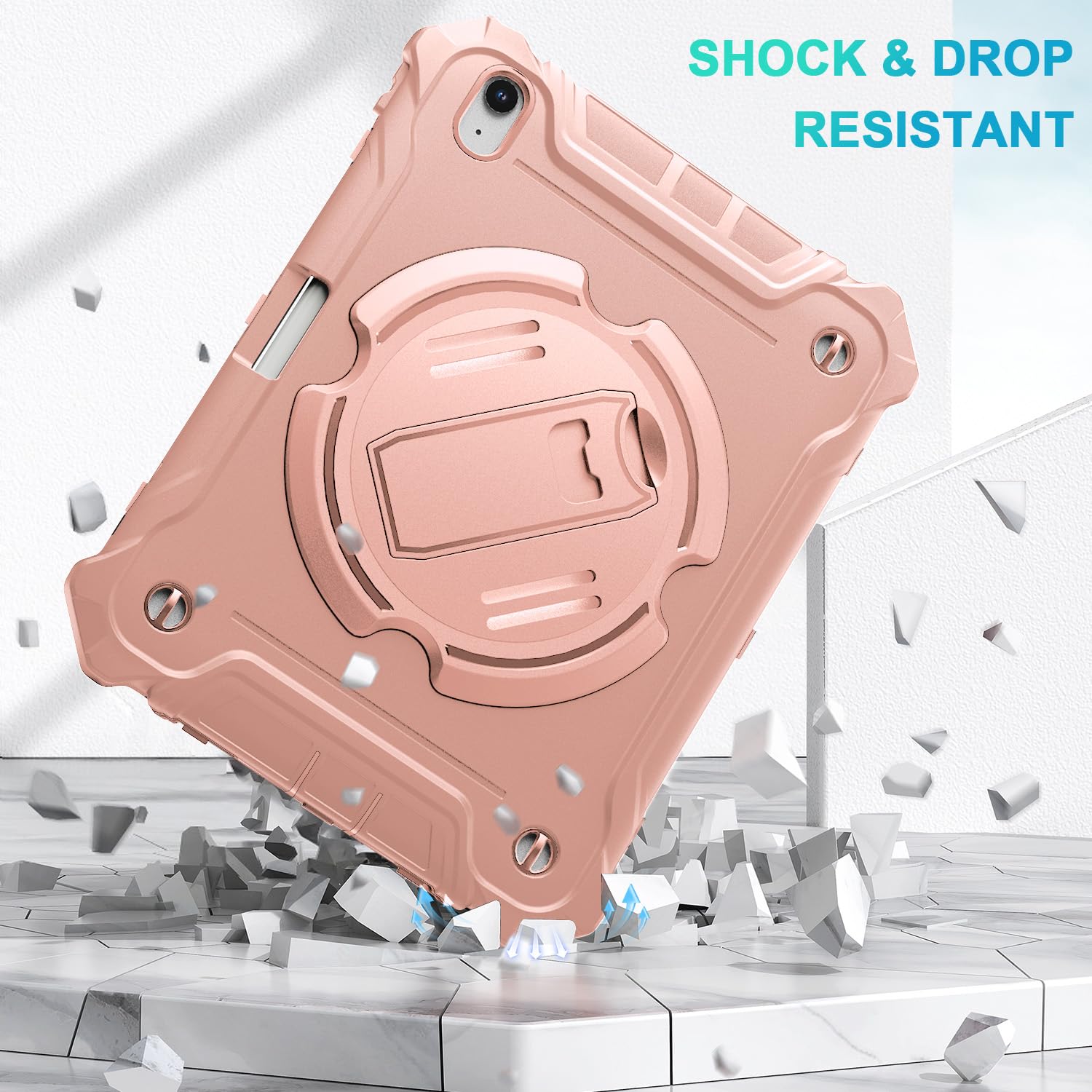 iPad Air 13 Inch (M2) 2024 Shockproof Full Body Protective Case with 360° Rotating Hand Strap &Stand-Pink