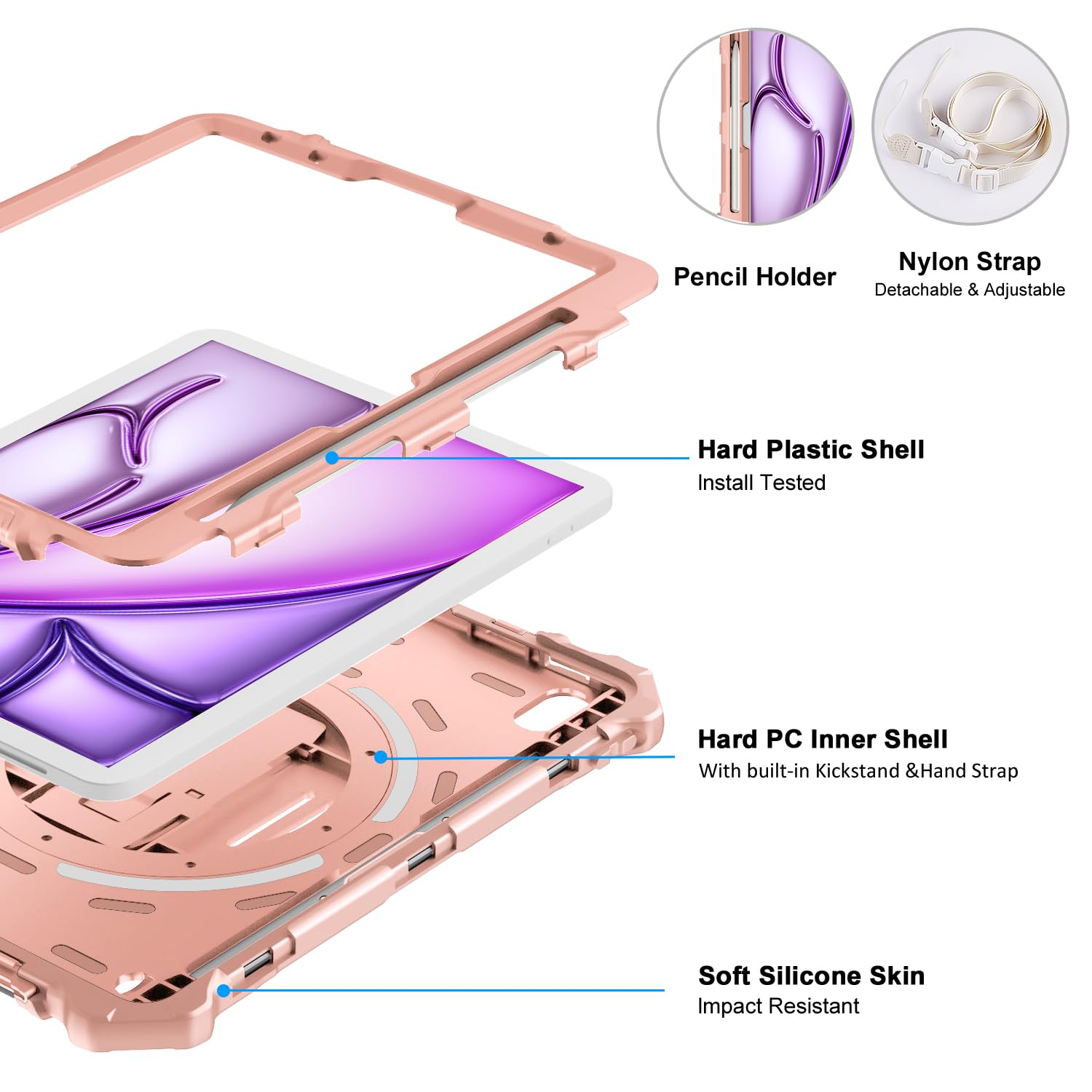 iPad Air 13 Inch (M2) 2024 Shockproof Full Body Protective Case with 360° Rotating Hand Strap &Stand-Pink