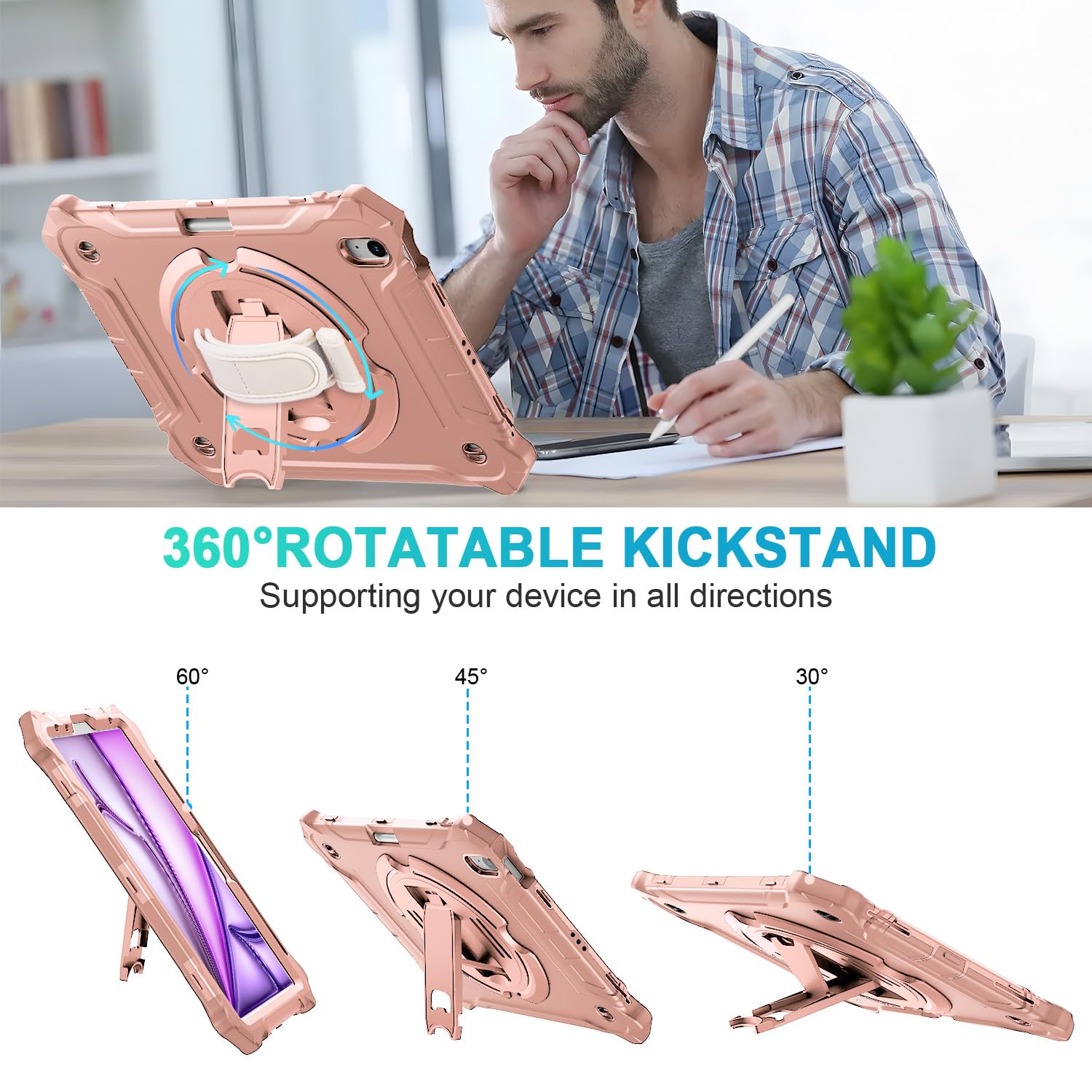 iPad Air 13 Inch (M2) 2024 Shockproof Full Body Protective Case with 360° Rotating Hand Strap &Stand-Pink