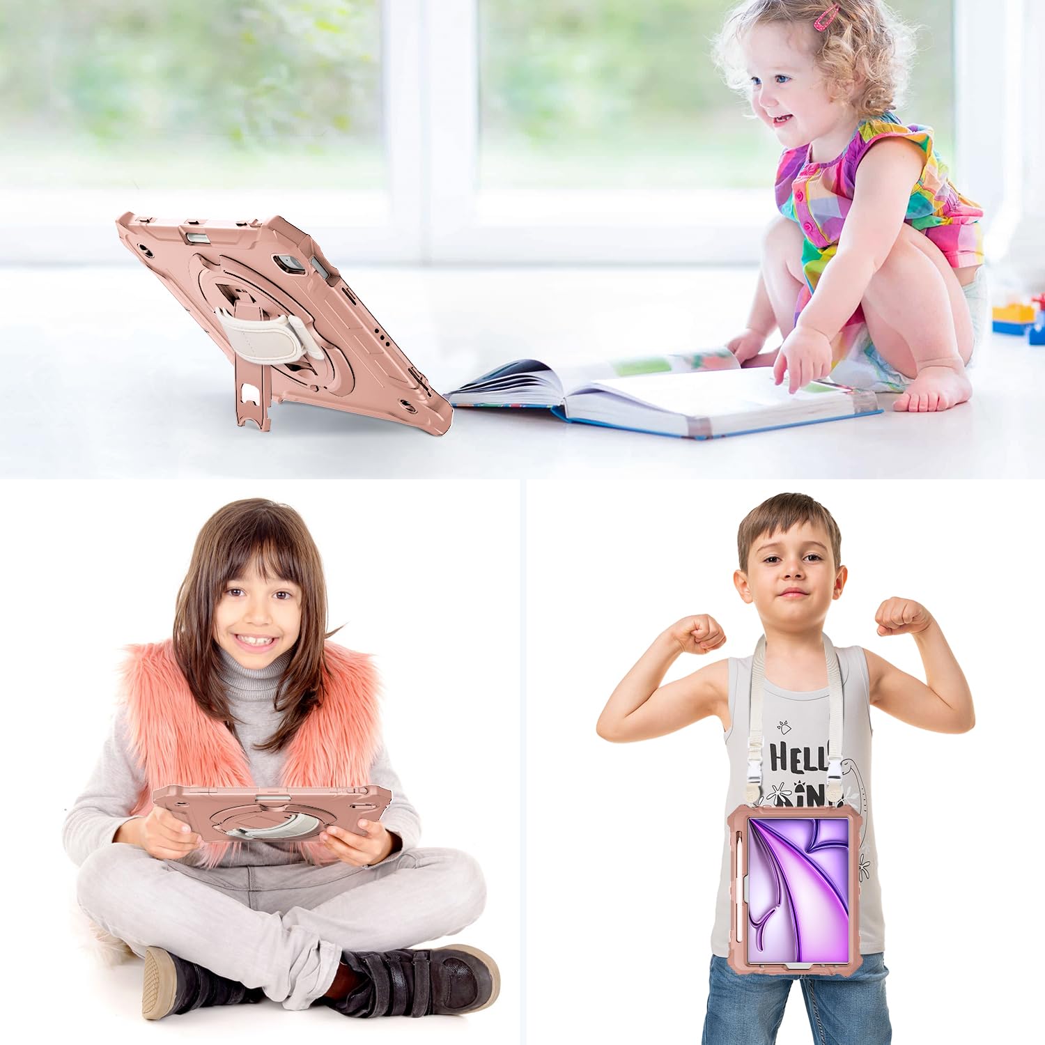 iPad Air 13 Inch (M2) 2024 Shockproof Full Body Protective Case with 360° Rotating Hand Strap &Stand-Pink