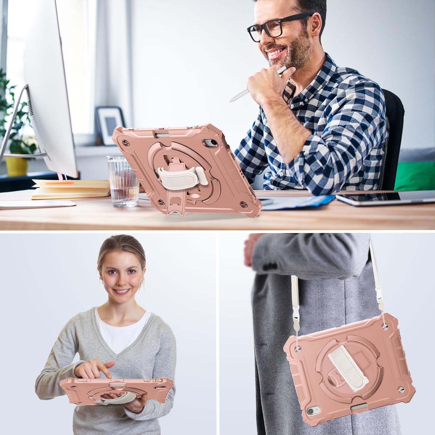 iPad Air 13 Inch (M2) 2024 Shockproof Full Body Protective Case with 360° Rotating Hand Strap &Stand-Pink