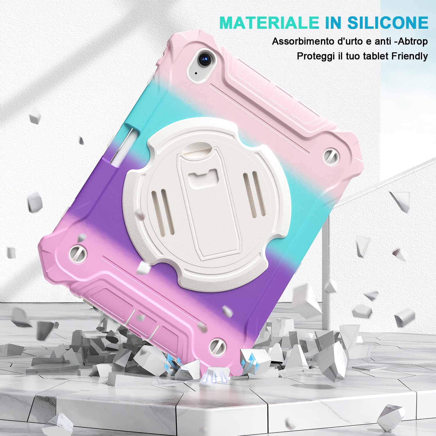 iPad Air 11 Inch 2024(M2), iPad Air 6th/5th/4th Generation 10.9 Inch Shockproof Case with 360° Rotating Stand Hand/Shoulder Strap-Rainbow