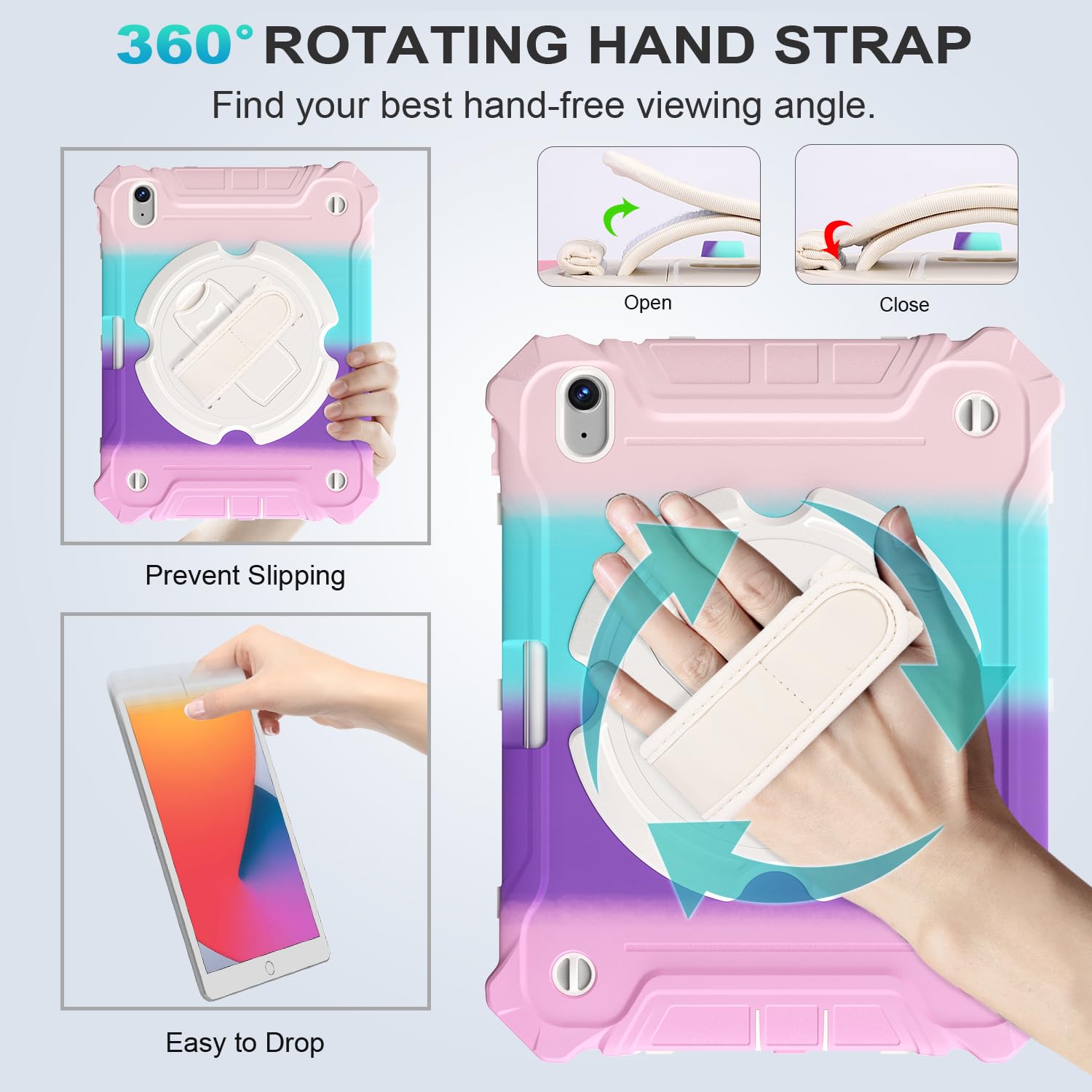 iPad Air 11 Inch 2024(M2), iPad Air 6th/5th/4th Generation 10.9 Inch Shockproof Case with 360° Rotating Stand Hand/Shoulder Strap-Rainbow