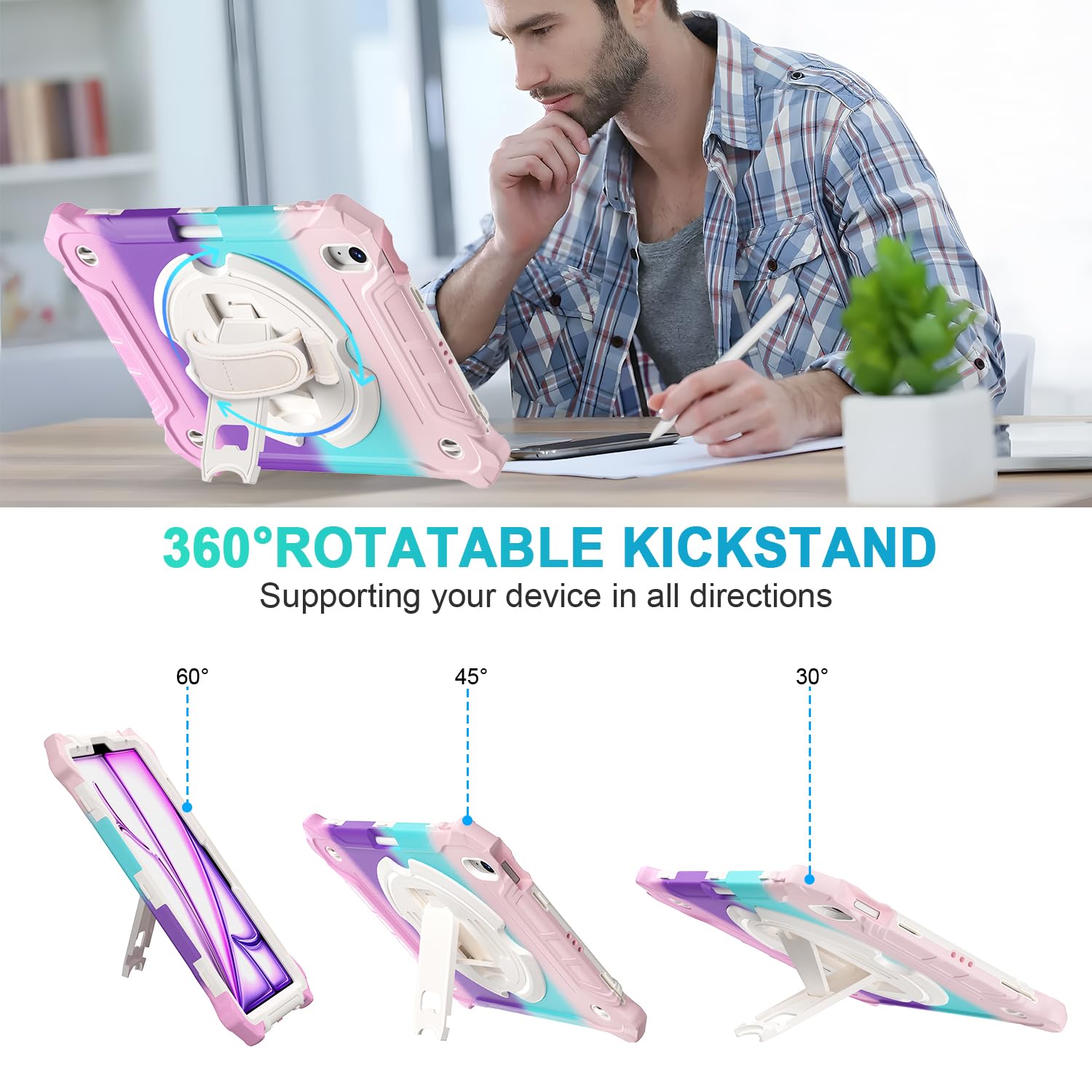 iPad Air 11 Inch 2024(M2), iPad Air 6th/5th/4th Generation 10.9 Inch Shockproof Case with 360° Rotating Stand Hand/Shoulder Strap-Rainbow