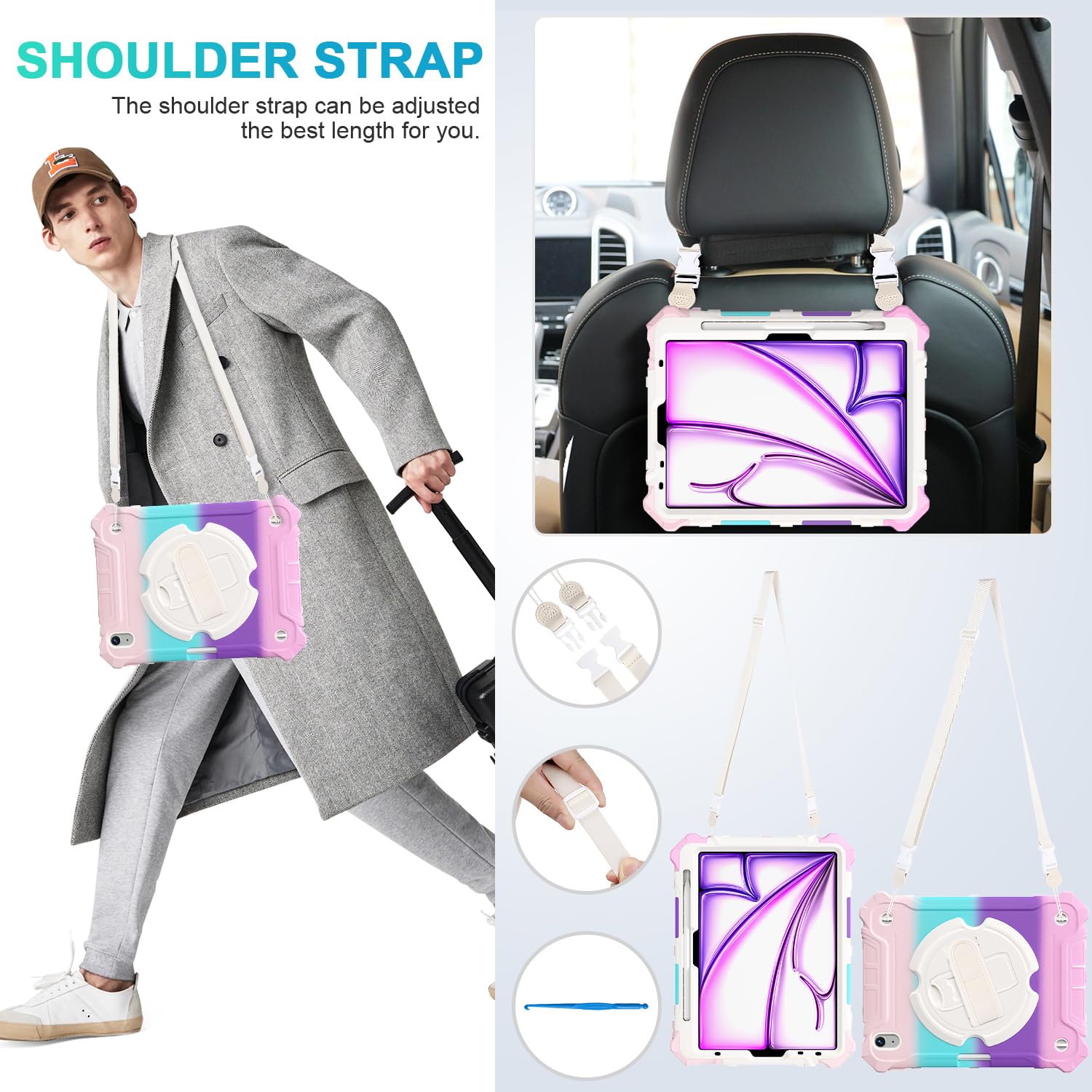 iPad Air 11 Inch 2024(M2), iPad Air 6th/5th/4th Generation 10.9 Inch Shockproof Case with 360° Rotating Stand Hand/Shoulder Strap-Rainbow