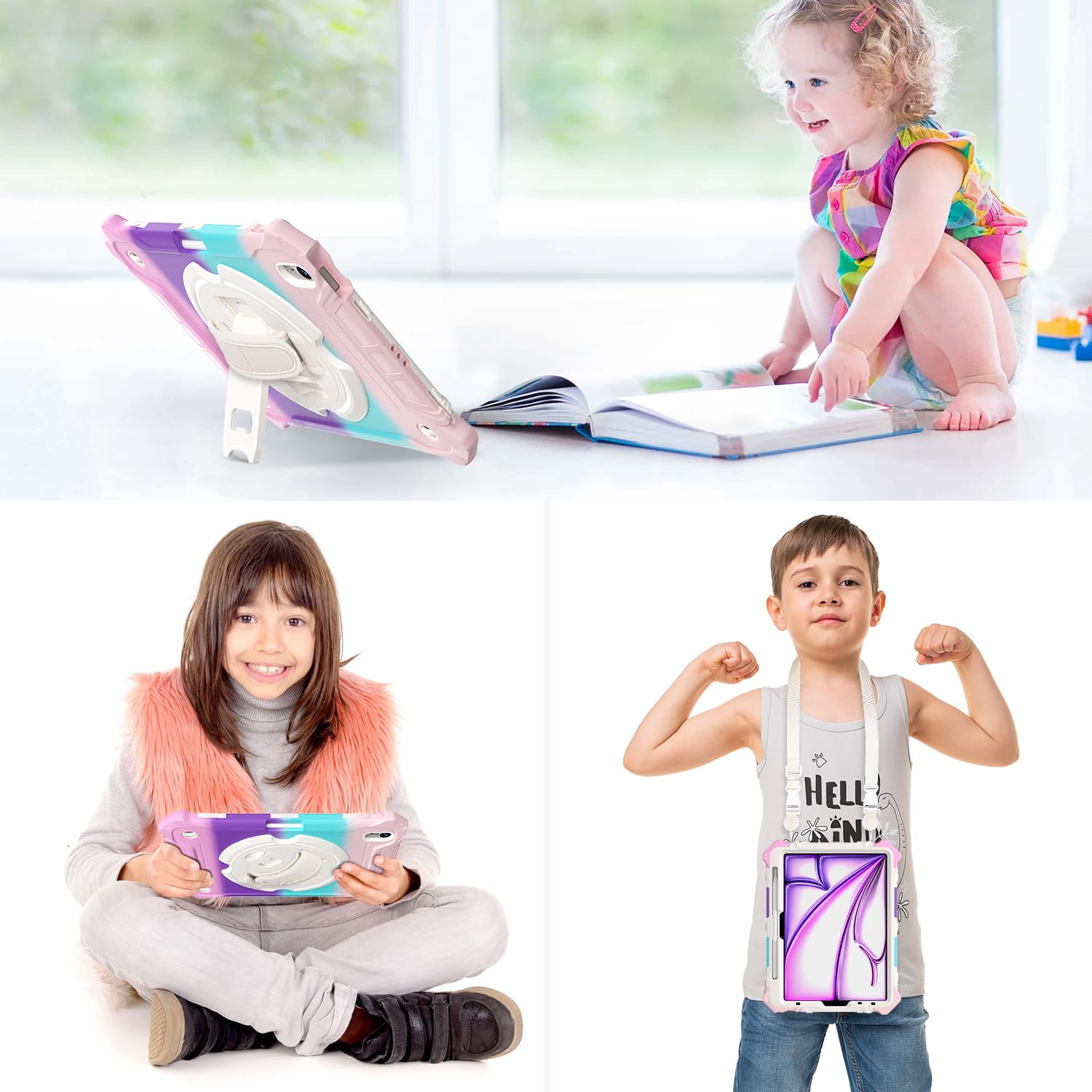 iPad Air 11 Inch 2024(M2), iPad Air 6th/5th/4th Generation 10.9 Inch Shockproof Case with 360° Rotating Stand Hand/Shoulder Strap-Rainbow