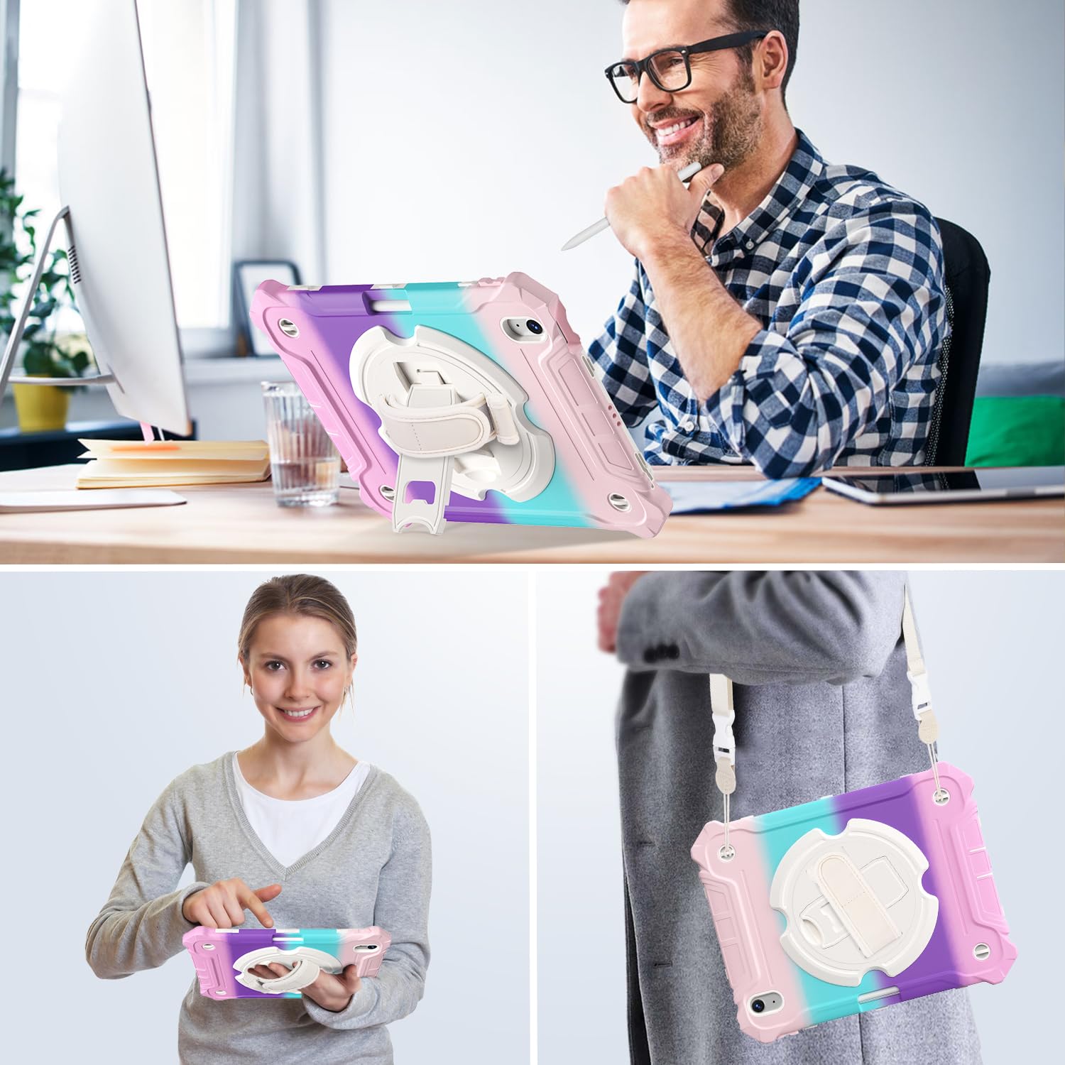 iPad Air 11 Inch 2024(M2), iPad Air 6th/5th/4th Generation 10.9 Inch Shockproof Case with 360° Rotating Stand Hand/Shoulder Strap-Rainbow