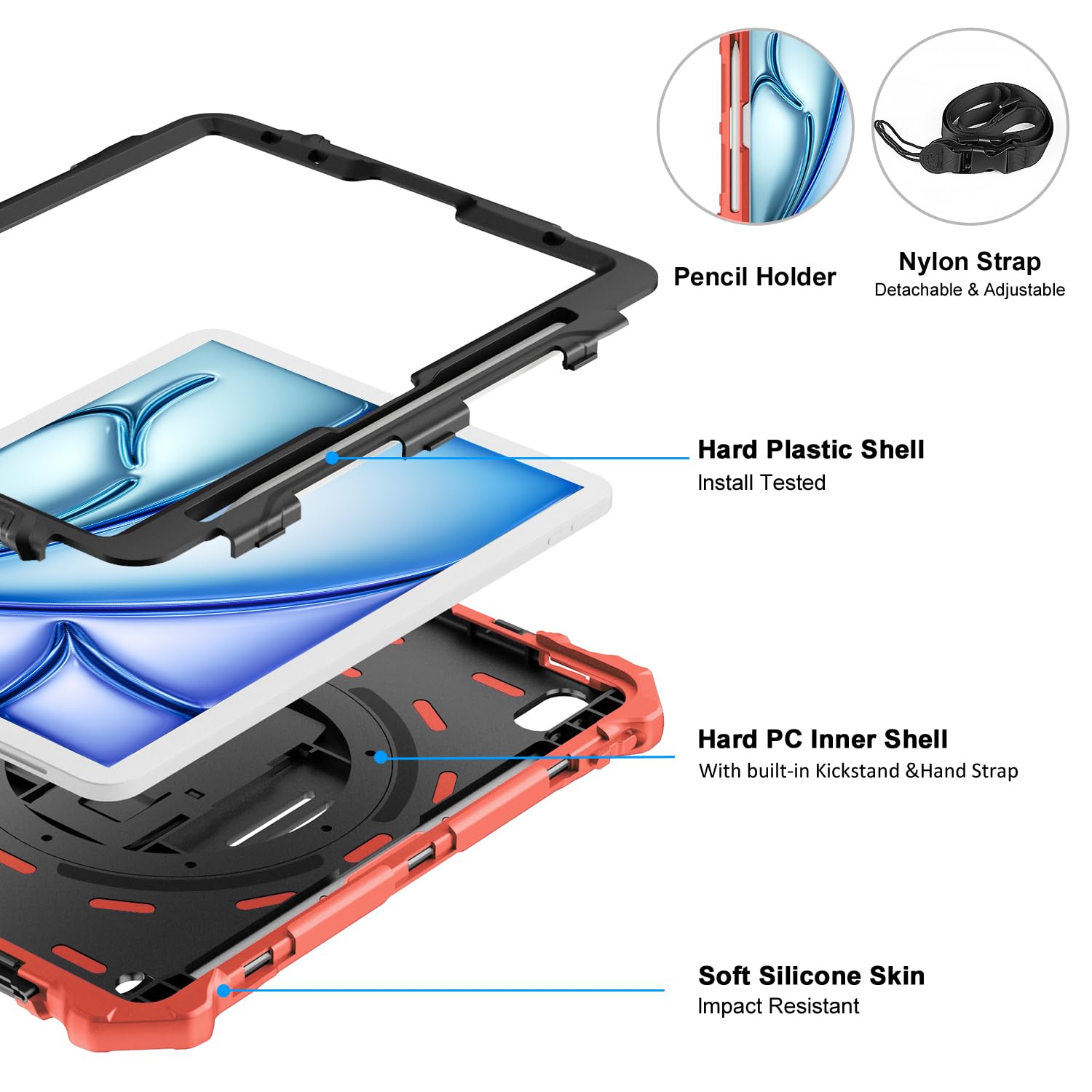 iPad Air 11 Inch 2024(M2), iPad Air 6th/5th/4th Generation 10.9 Inch Shockproof Case with 360° Rotating Stand Hand/Shoulder Strap-Red