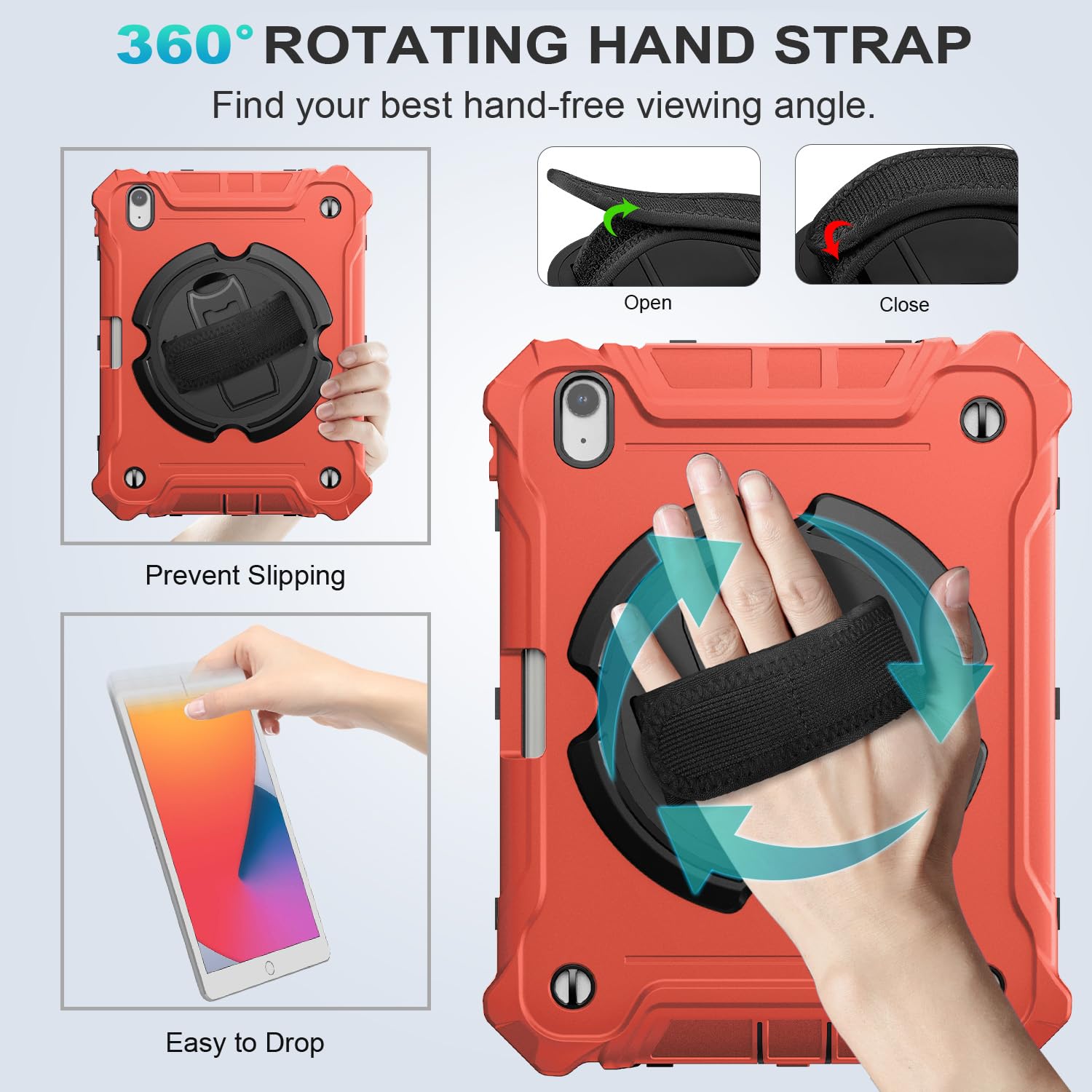 iPad Air 11 Inch 2024(M2), iPad Air 6th/5th/4th Generation 10.9 Inch Shockproof Case with 360° Rotating Stand Hand/Shoulder Strap-Red