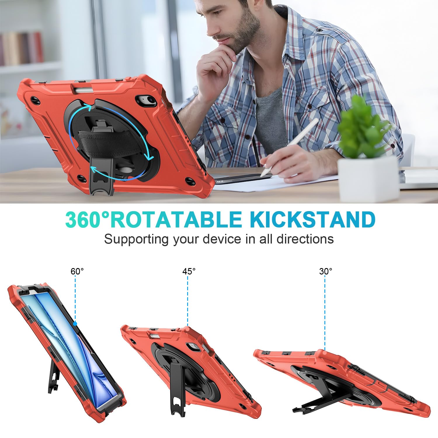 iPad Air 11 Inch 2024(M2), iPad Air 6th/5th/4th Generation 10.9 Inch Shockproof Case with 360° Rotating Stand Hand/Shoulder Strap-Red