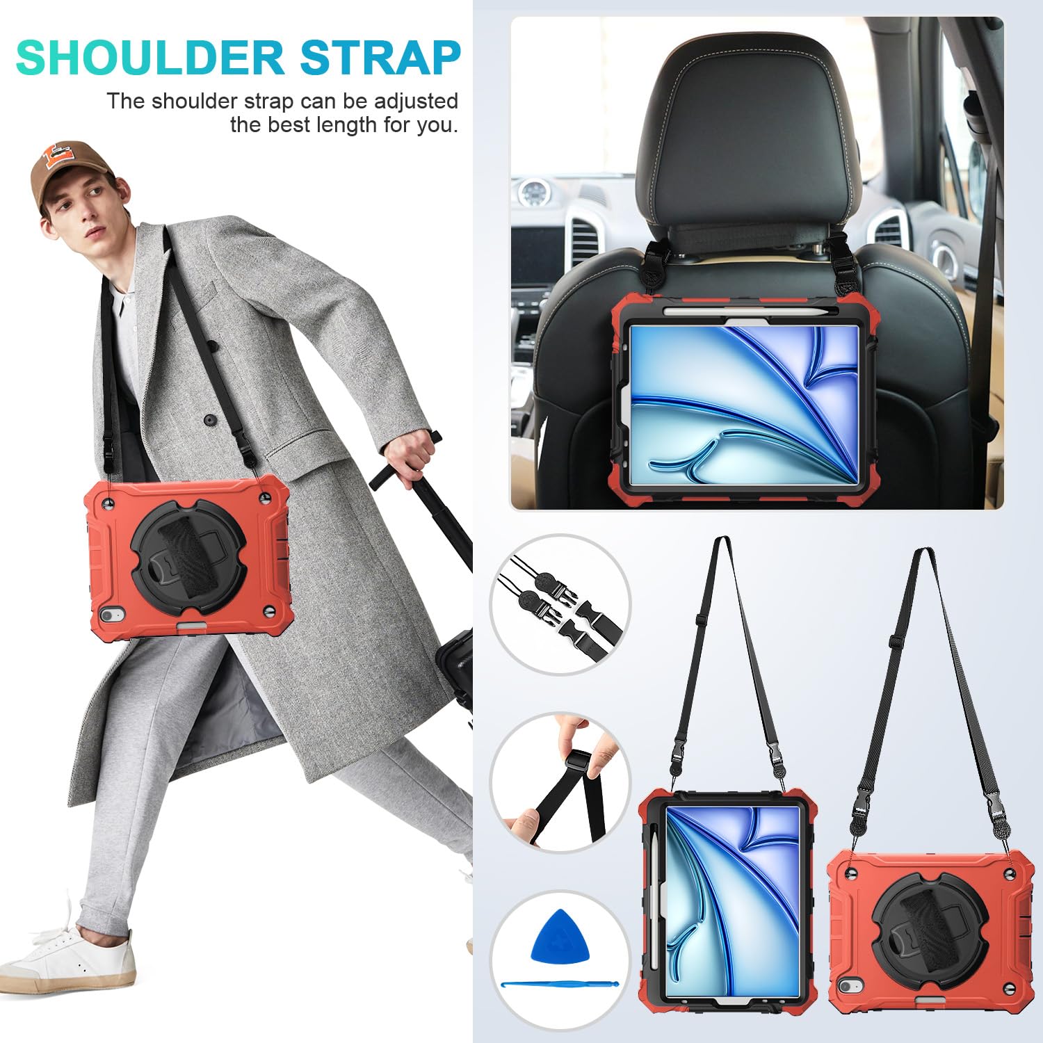 iPad Air 11 Inch 2024(M2), iPad Air 6th/5th/4th Generation 10.9 Inch Shockproof Case with 360° Rotating Stand Hand/Shoulder Strap-Red