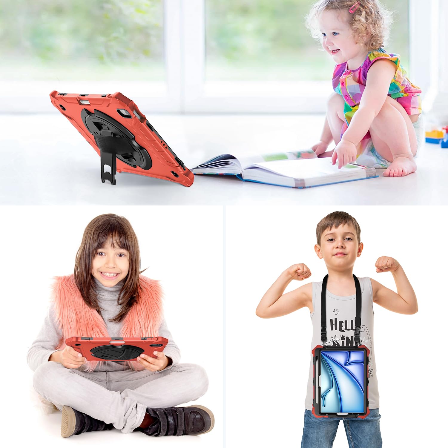 iPad Air 11 Inch 2024(M2), iPad Air 6th/5th/4th Generation 10.9 Inch Shockproof Case with 360° Rotating Stand Hand/Shoulder Strap-Red