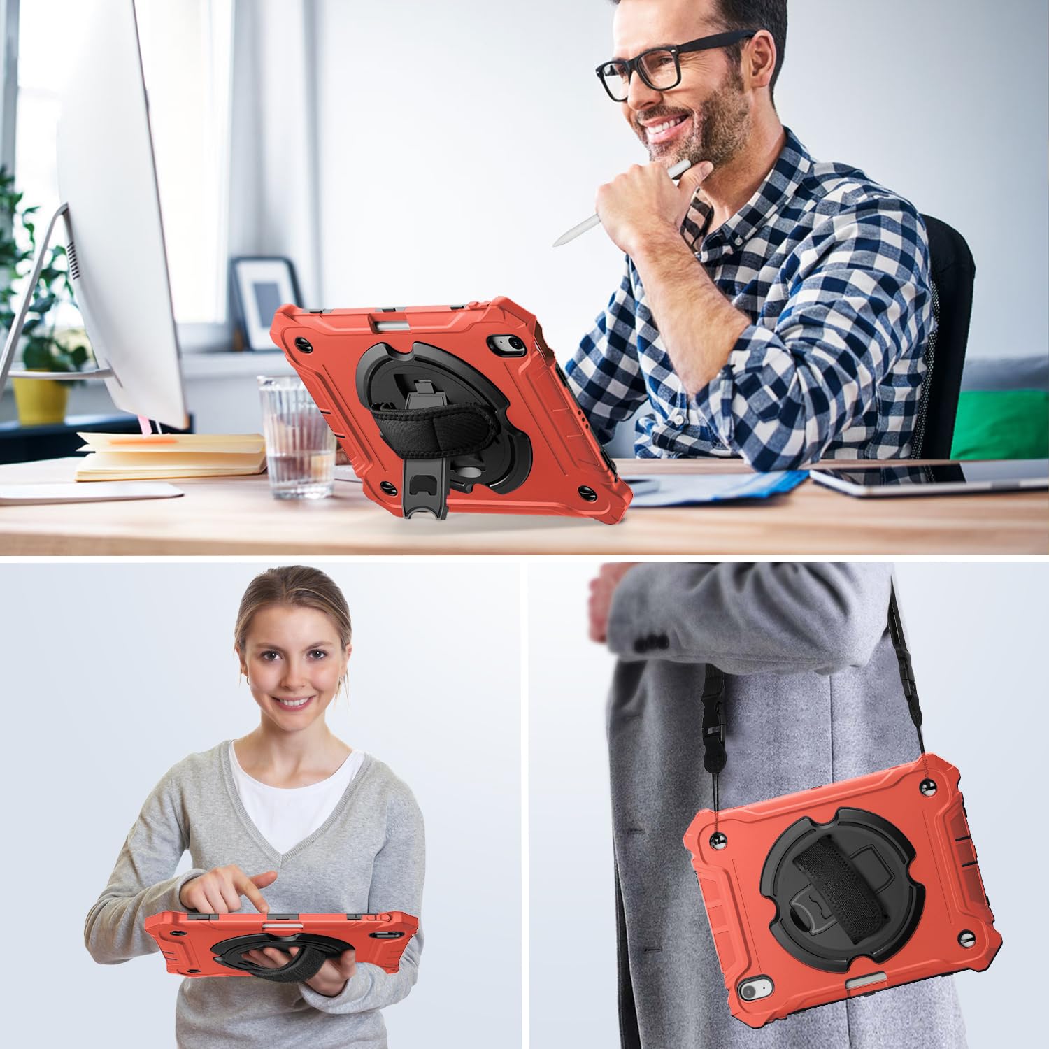 iPad Air 11 Inch 2024(M2), iPad Air 6th/5th/4th Generation 10.9 Inch Shockproof Case with 360° Rotating Stand Hand/Shoulder Strap-Red