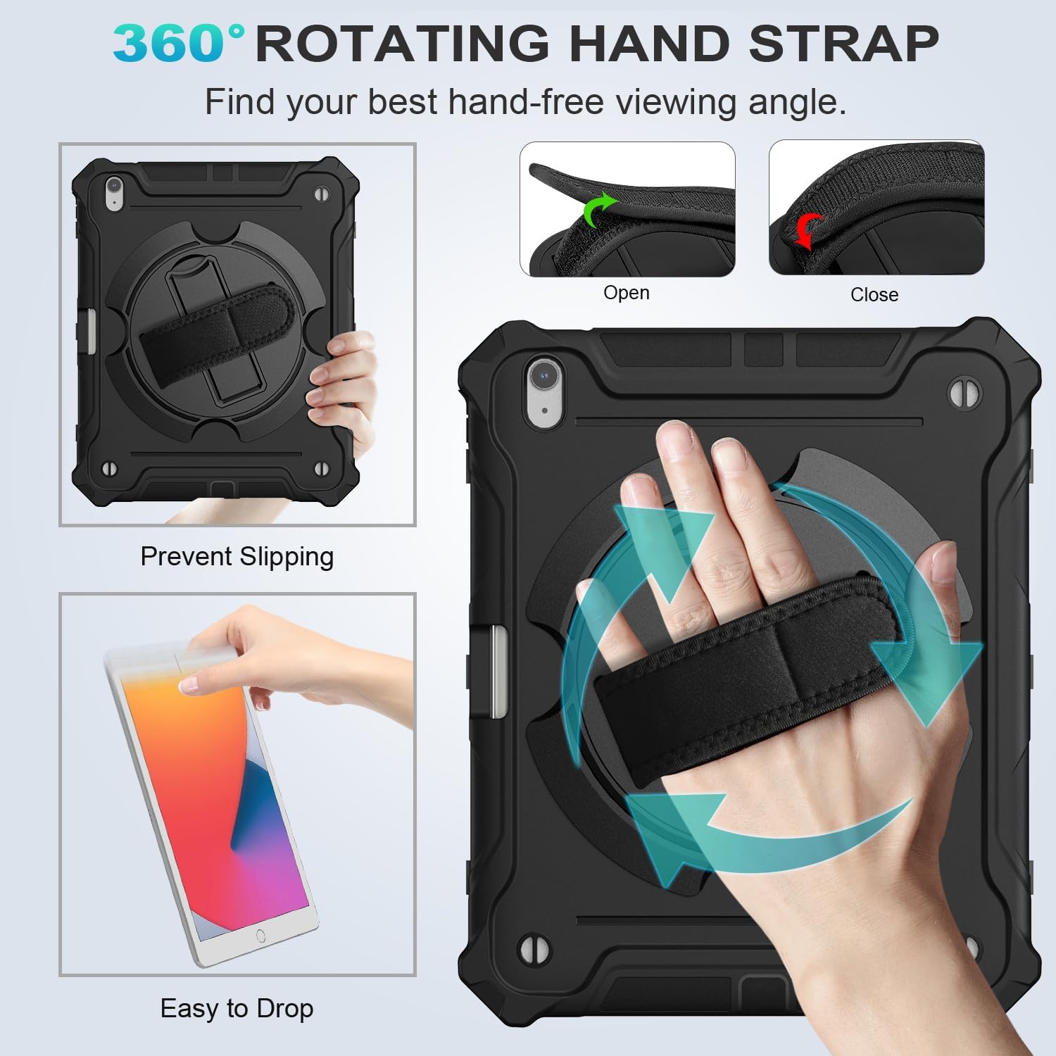 iPad Air 13 inch (M2) 2024 Shockproof Full Body Drop Protective Case with 360° Rotating Hand Strap & Stand-Black