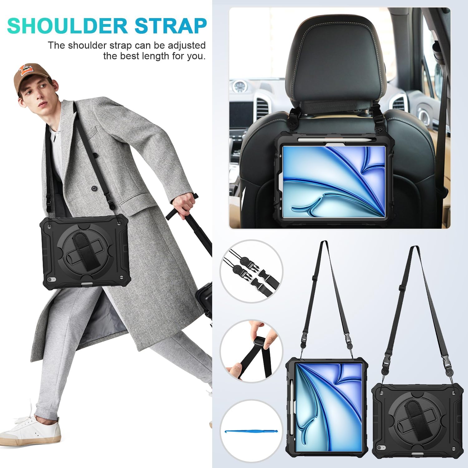 iPad Air 13 inch (M2) 2024 Shockproof Full Body Drop Protective Case with 360° Rotating Hand Strap & Stand-Black