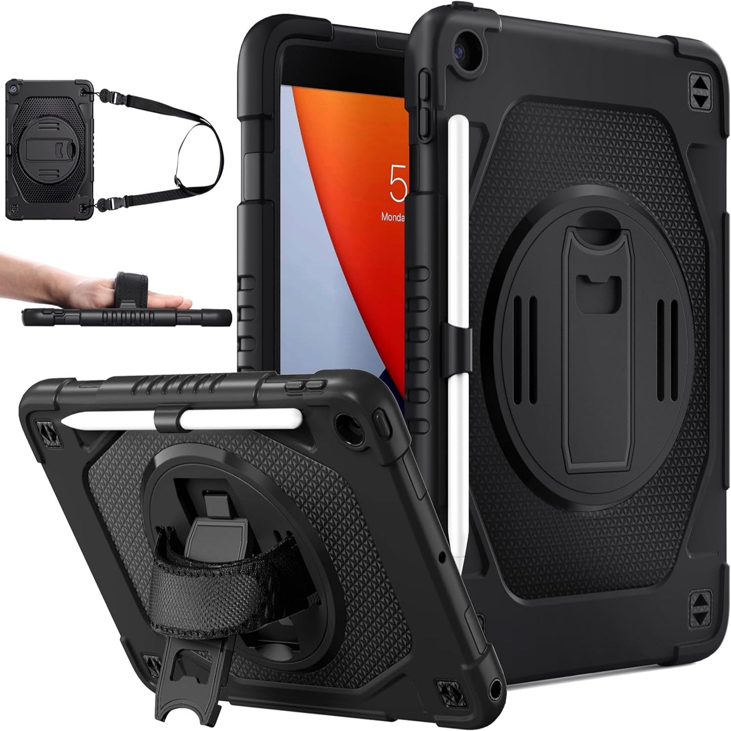 iPad 9th/8th/7th Generation iPad 10.2 Shockproof Full Body Protective Case with 360° Rotating Hand Strap &Stand-Black,Blue