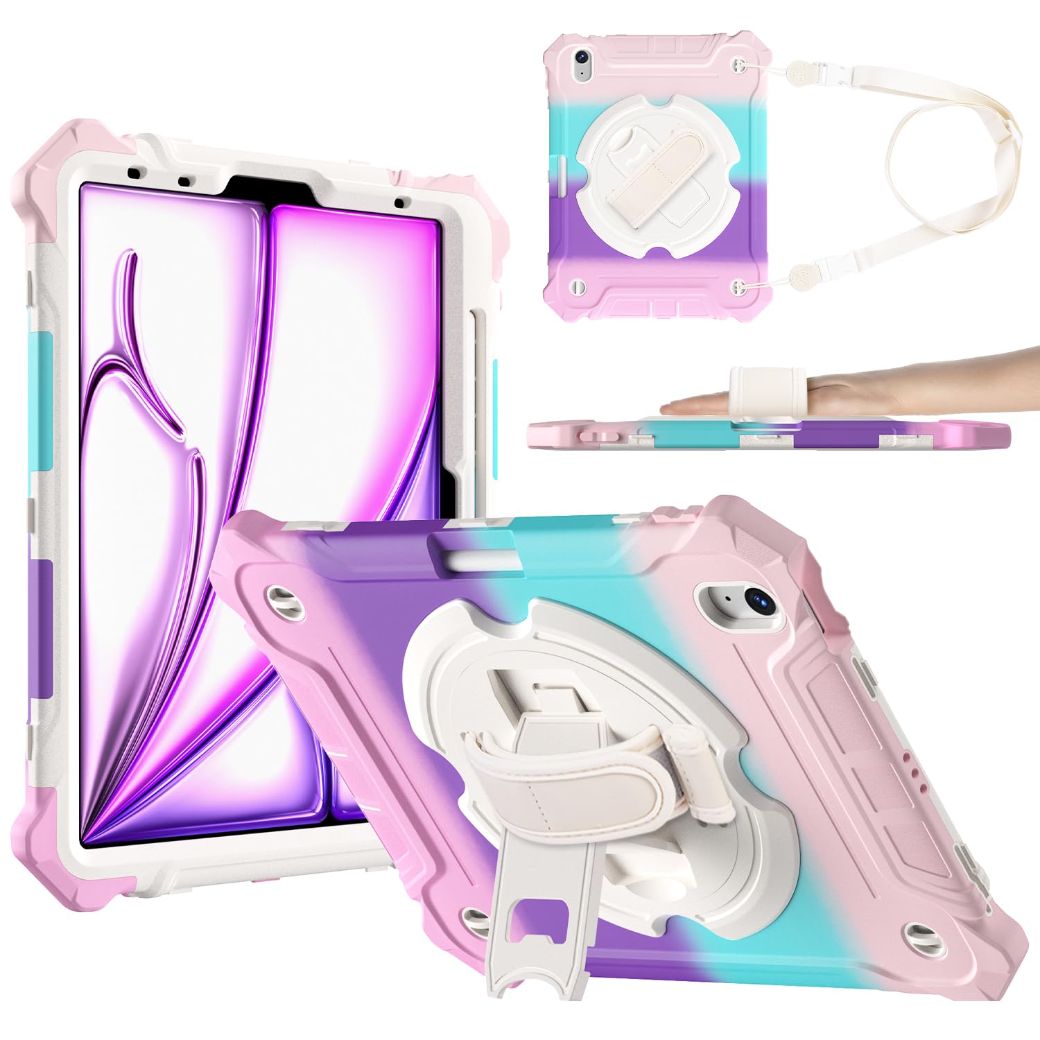 iPad Air 11 Inch 2024(M2), iPad Air 6th/5th/4th Generation 10.9 Inch Shockproof Case with 360° Rotating Stand Hand/Shoulder Strap-Rainbow