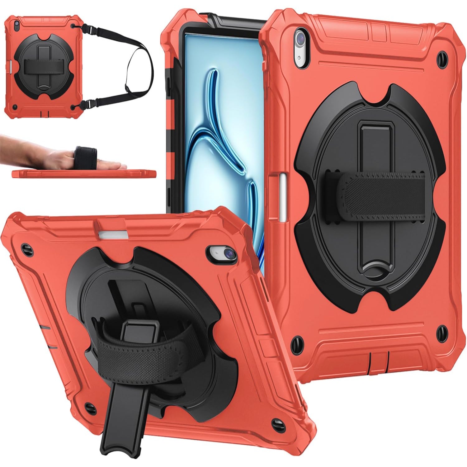 iPad Air 11 Inch 2024(M2), iPad Air 6th/5th/4th Generation 10.9 Inch Shockproof Case with 360° Rotating Stand Hand/Shoulder Strap-Red