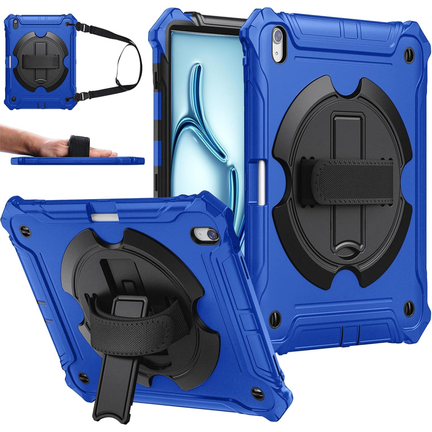 iPad Air 11 Inch Case 2024(M2), iPad Air 6th/5th/4th Generation 10.9 Inch Shockproof Case with 360° Rotating Stand Hand/Shoulder Strap-Blue