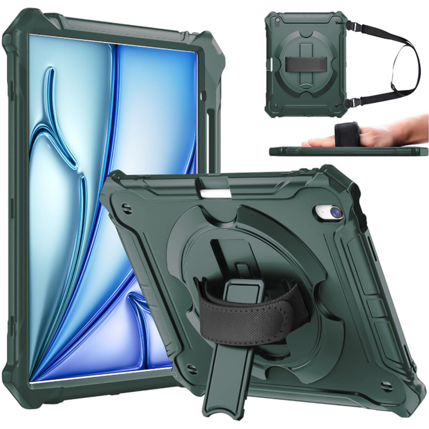 iPad Air 13-Inch (M2) 2024, Shockproof Full Body Protective Case with 360° Rotating Hand Strap &Stand-Dark Green