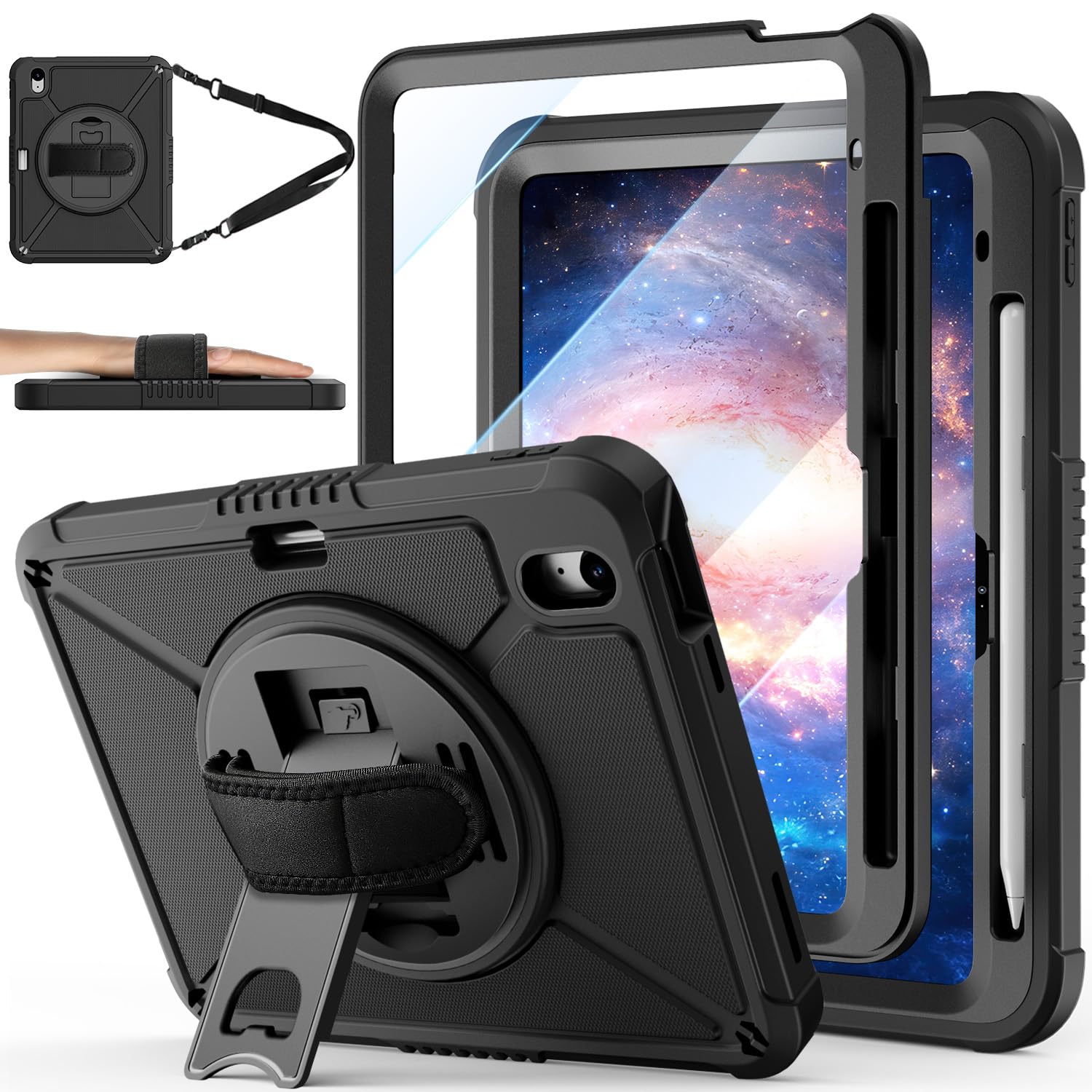 iPad (A16) 11th Generation 11 Inch 2025 iPad 10th Generation 10.9 inch 2022 with Screen Protector & 360° Rotate Hand Strap/Stand Heavy Duty Case for iPad 11th 2025(A3354/A3355)