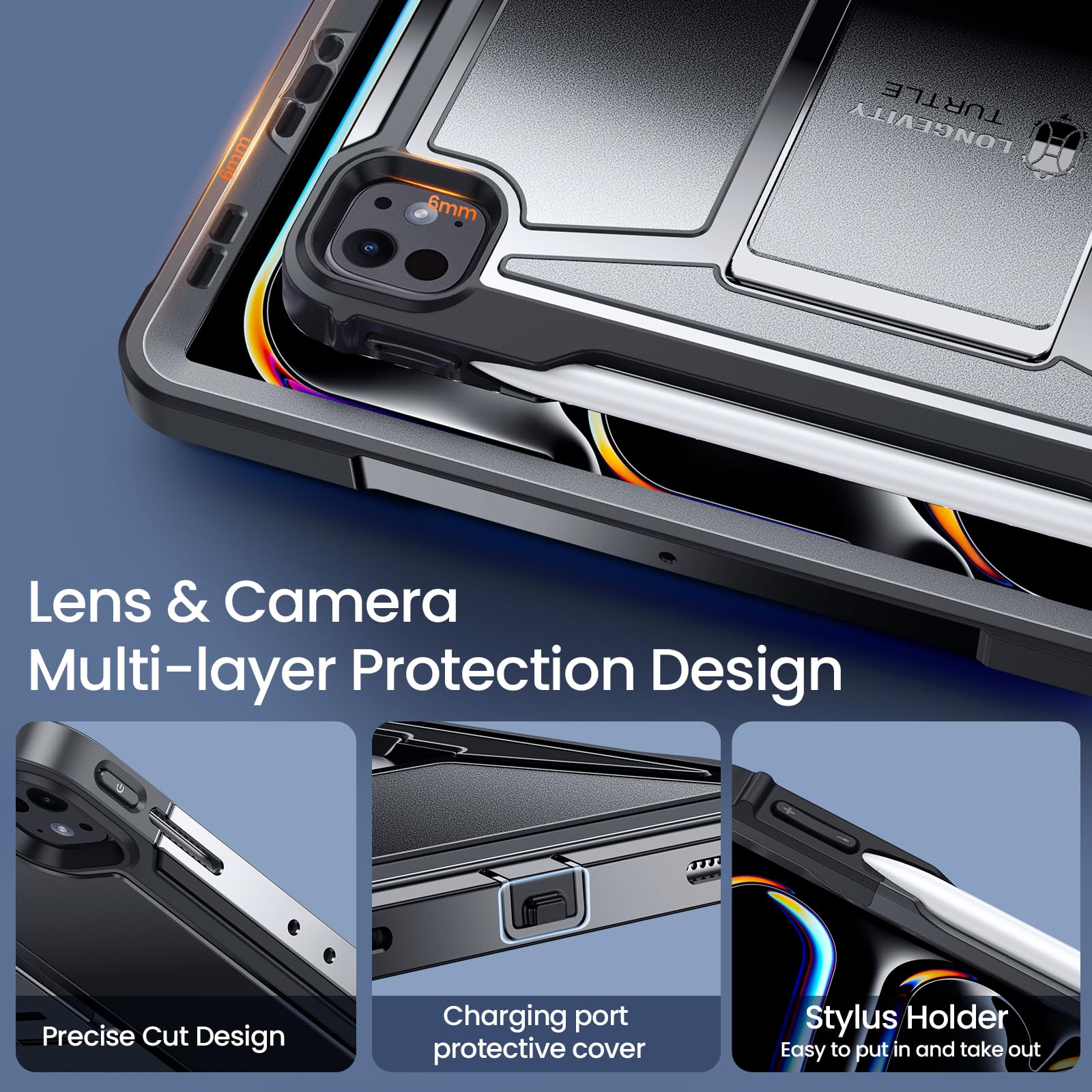 iPad Pro 13 Inch 2024 M4 7th Gen/Pro 12.9 Inch 6th/5th/4th Generation Full Body Protective Case with Pencil Holder+Screen Protector-Black,Pink,Green