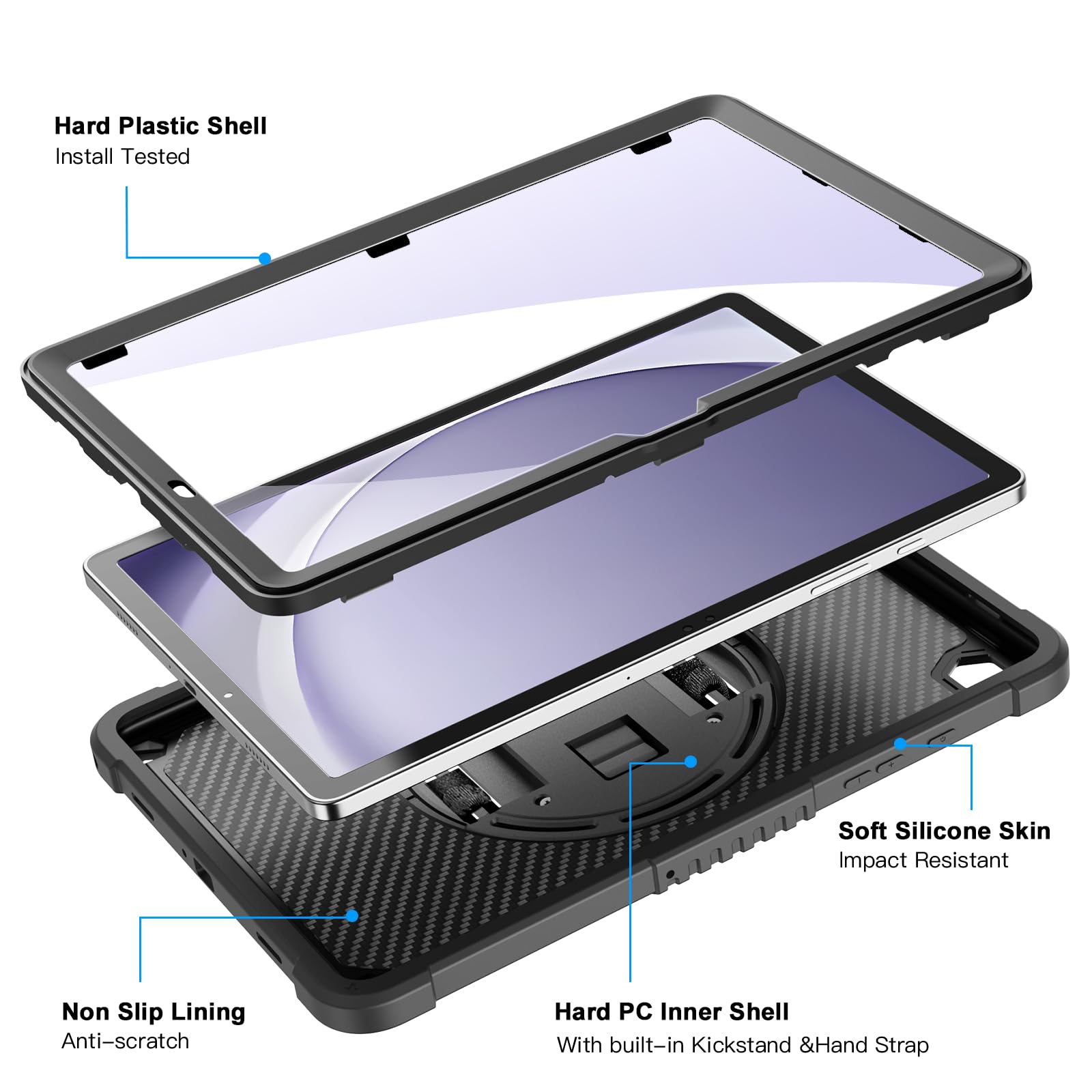 Ztotop Case for Samsung Galaxy Tab A9 Plus 11 Inch 2023 (SM-X210/X216/X218), Shockproof Hard Duty Case with Screen Protector +360 Rotating Hand Strap&Stand +Shoulder Strap for Galaxy A9+ Tablet, Black